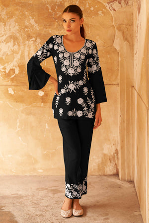 Black Co-Ord Set in Rayon with Delicate Floral Embroidery