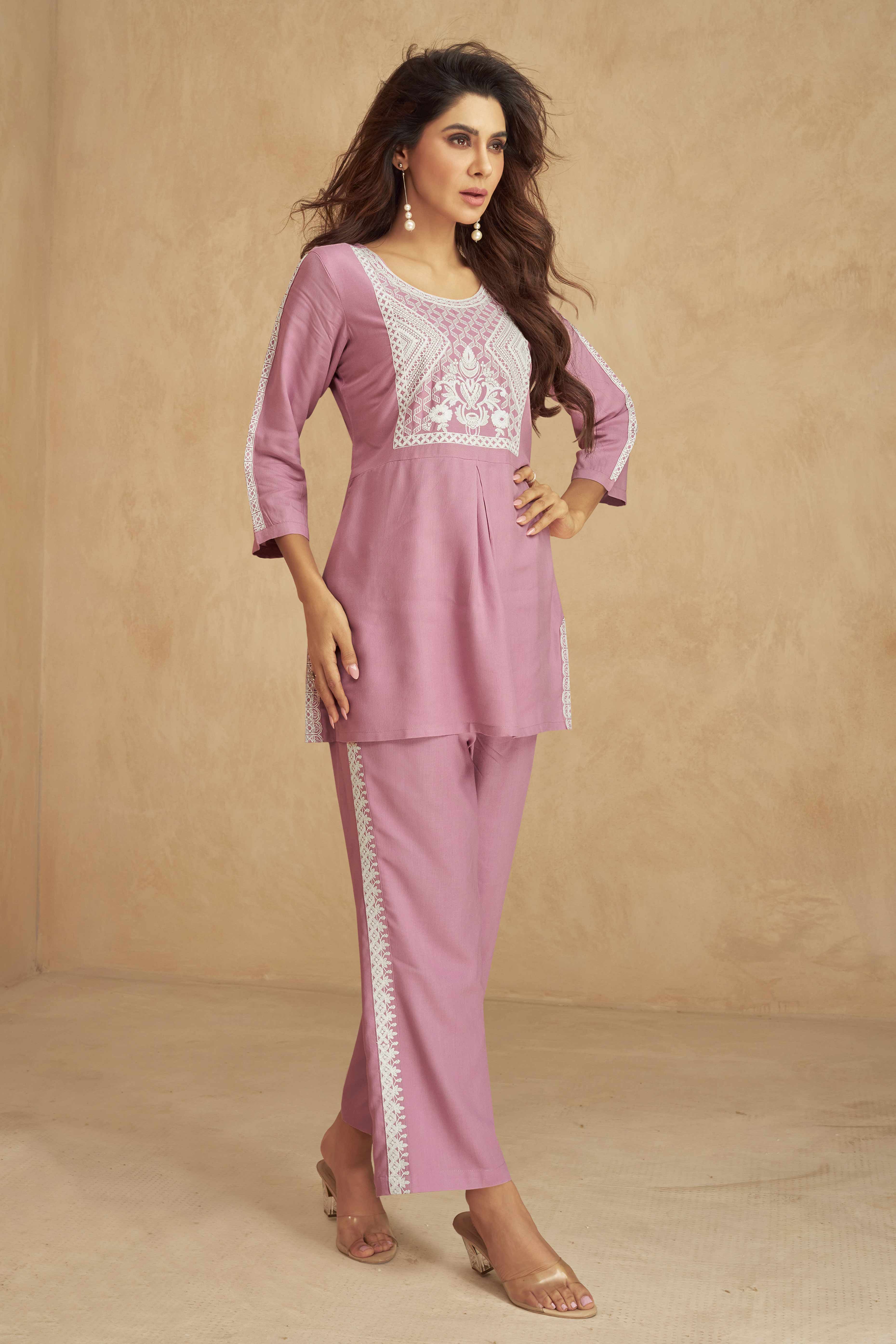 Floral Embroidered Pink Rayon Co-Ord Set for Effortless Style