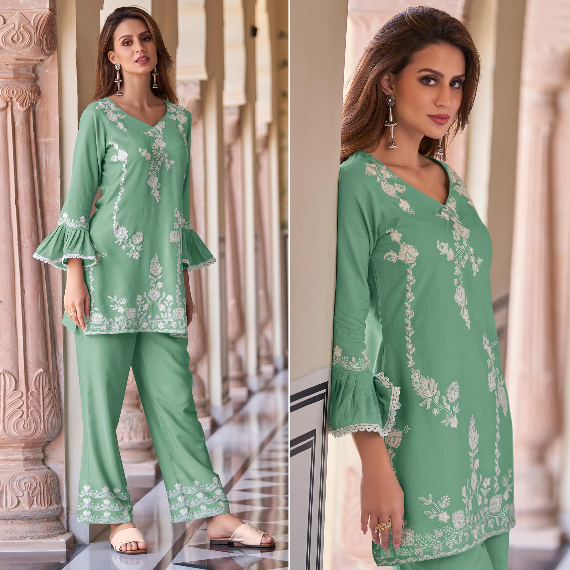 Green Floral Embroidered Rayon Co Ord Set