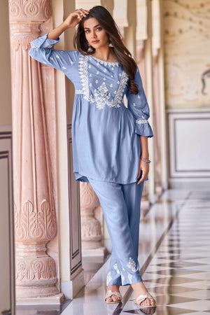 Sky Blue Rayon Top-Bottom Co-Ord with Delicate Embroidery