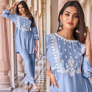 Blue Floral Embroidered Rayon Co Ord Set