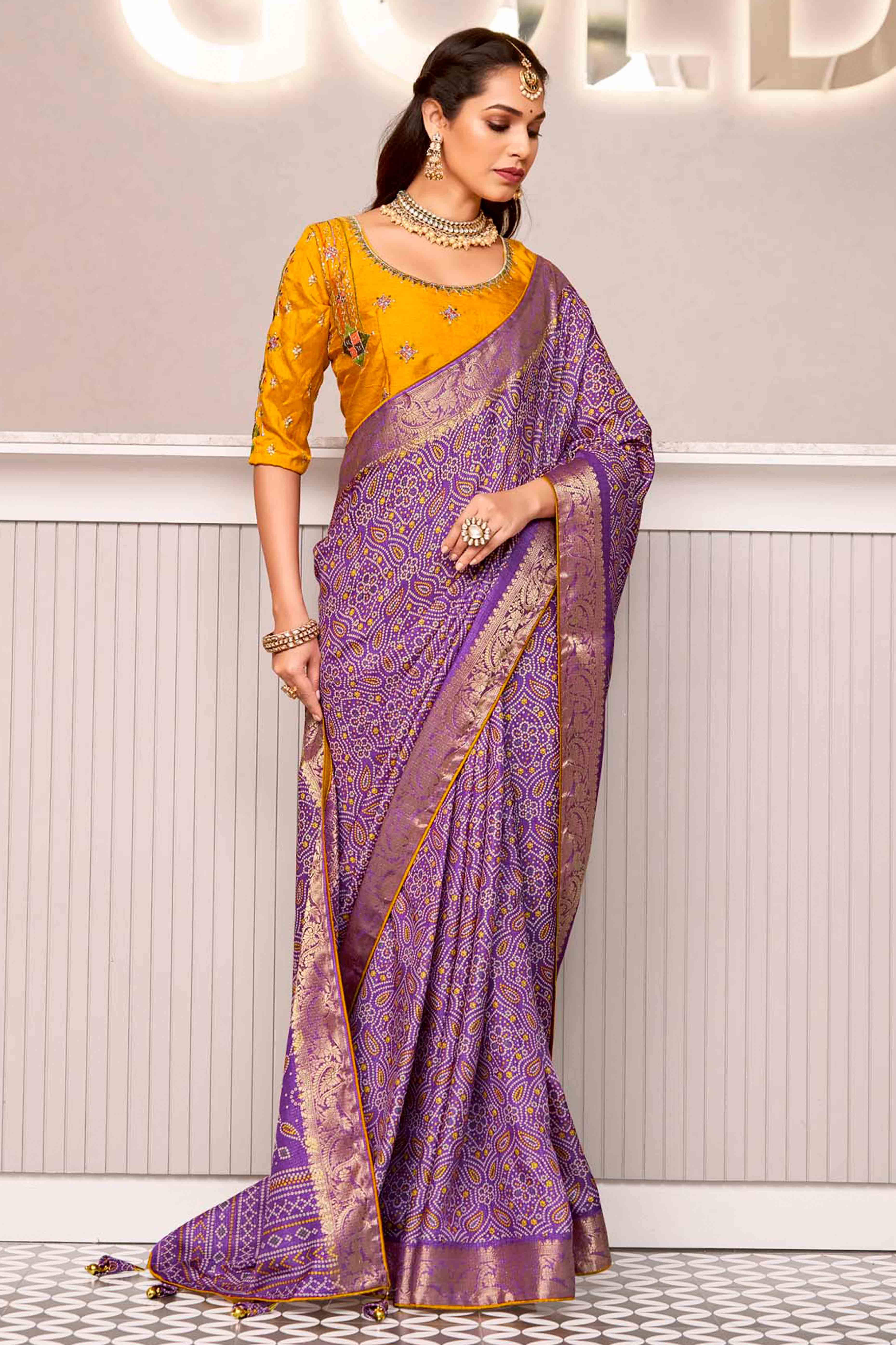 Purple Bandhani Printed Crepe Saree With Woven Border