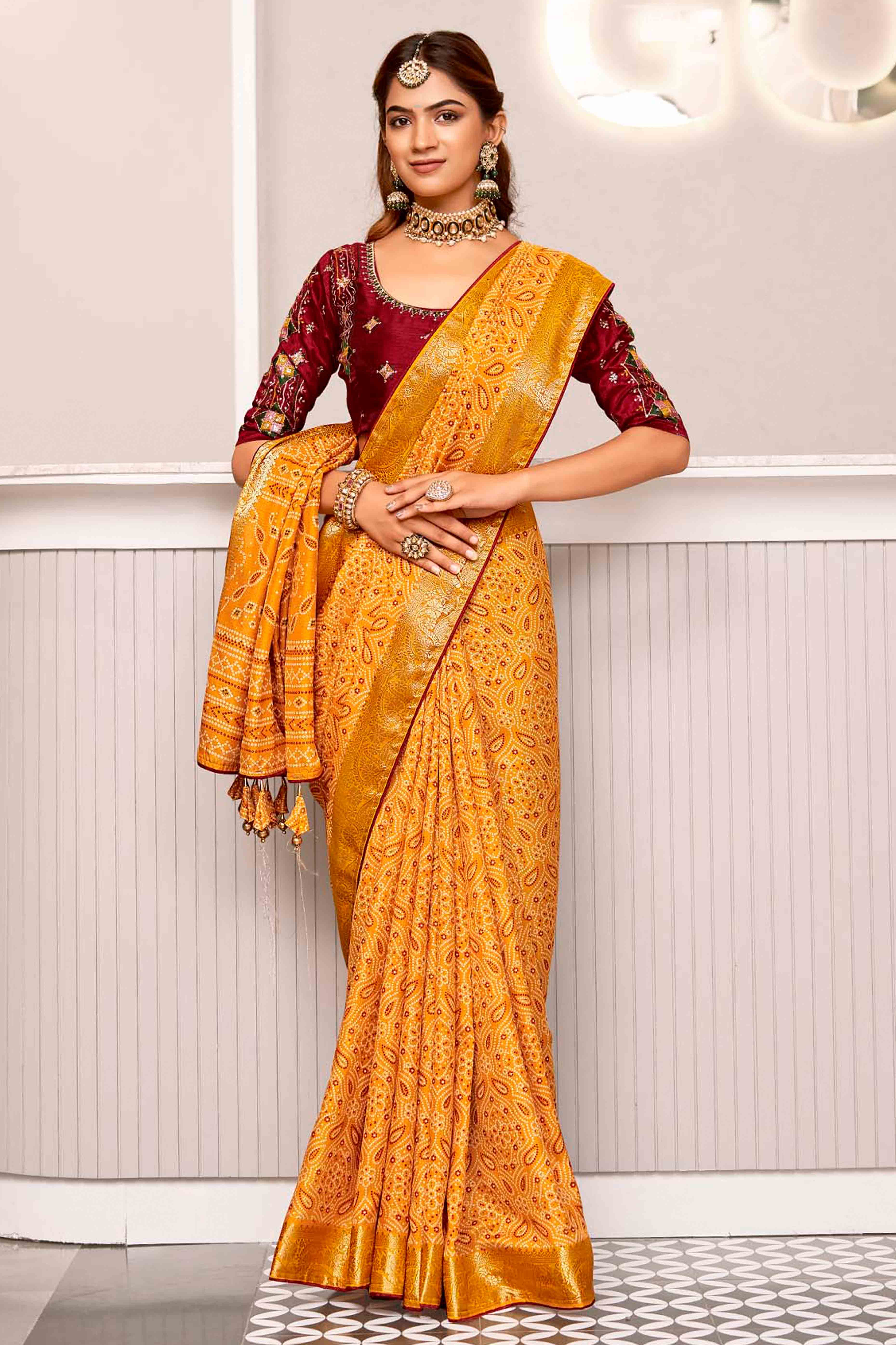 Mustard Bandhani Printed Crepe Saree With Woven Border