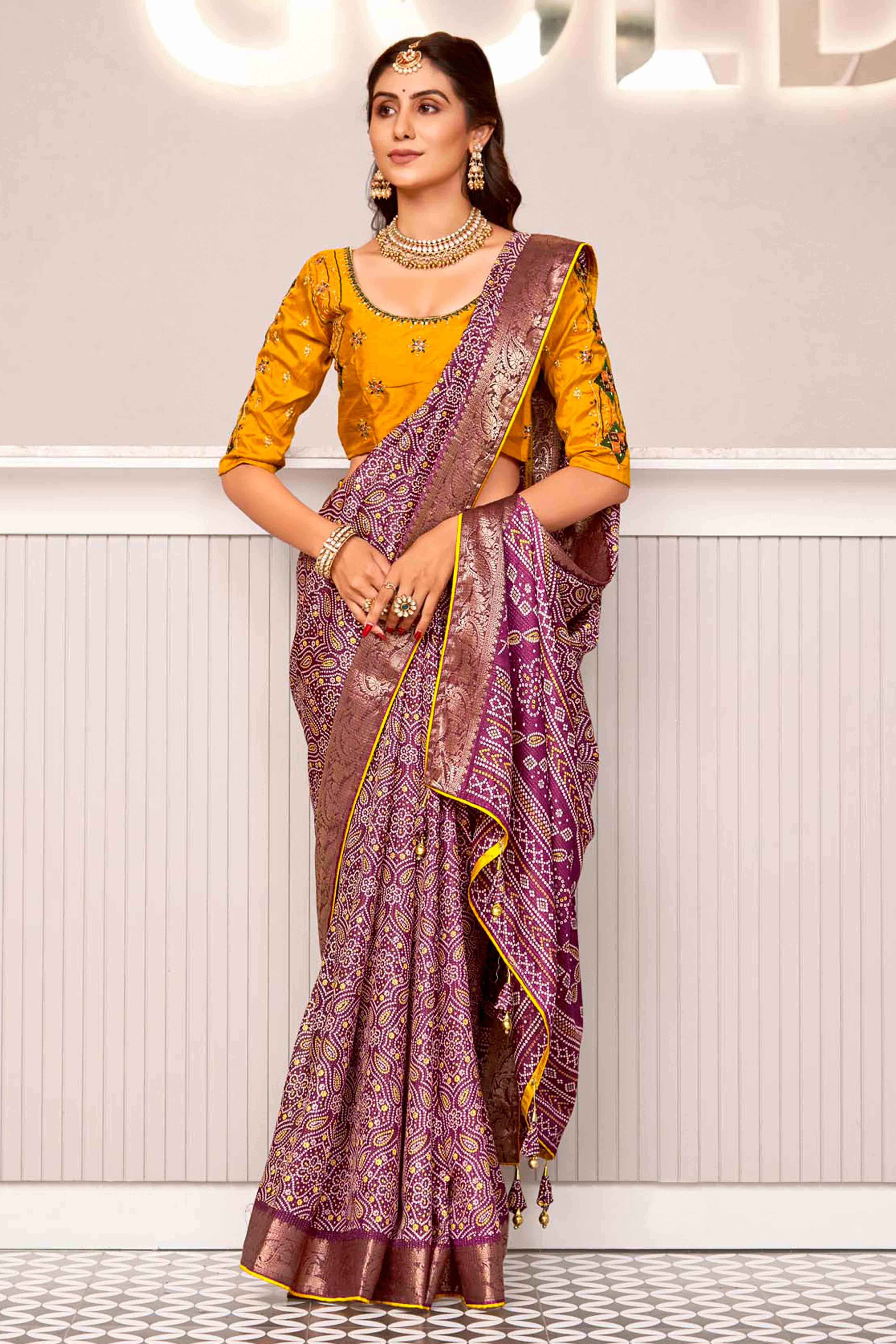 Wine Bandhani Printed Crepe Saree With Woven Border