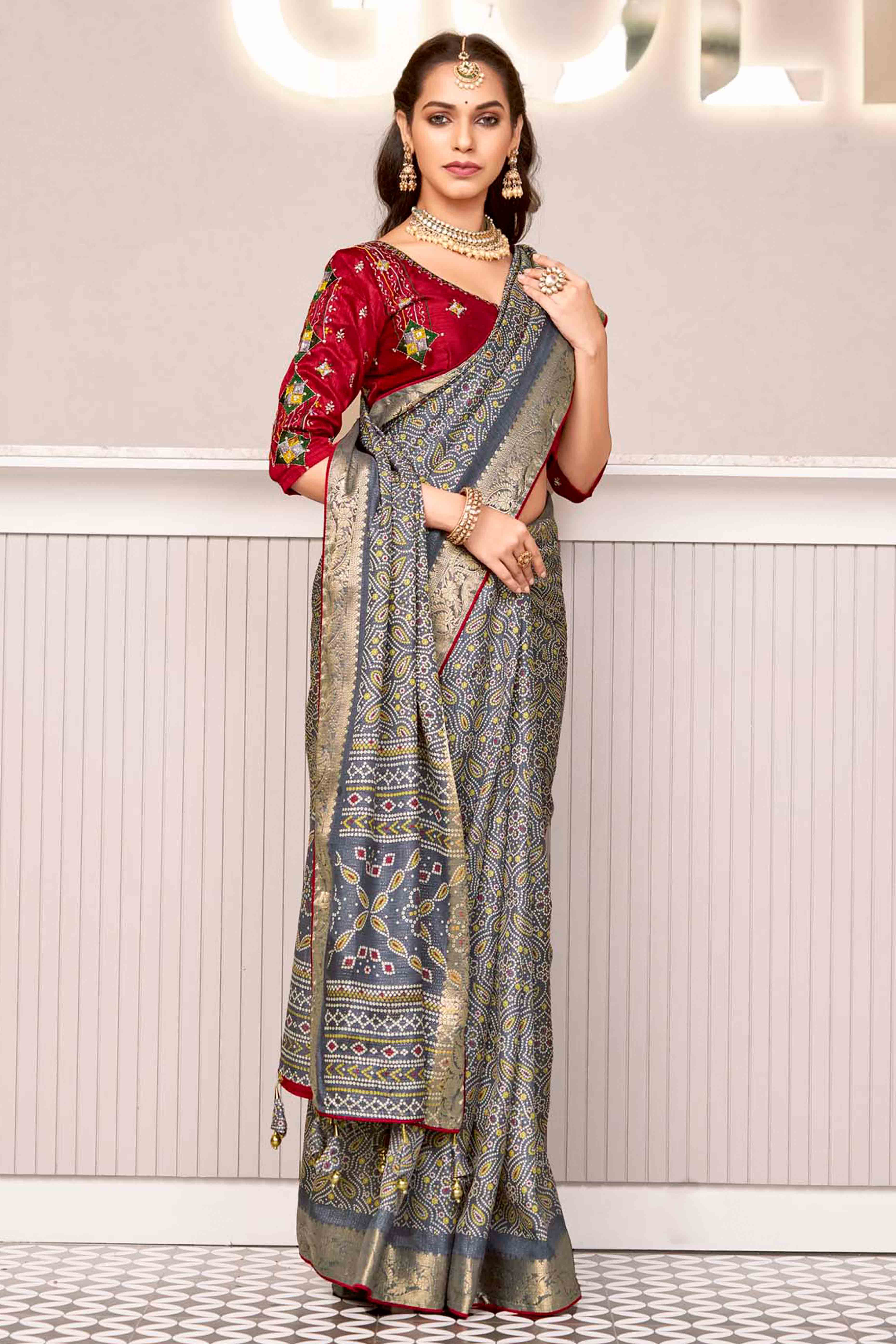 Grey Bandhani Printed Crepe Saree With Woven Border