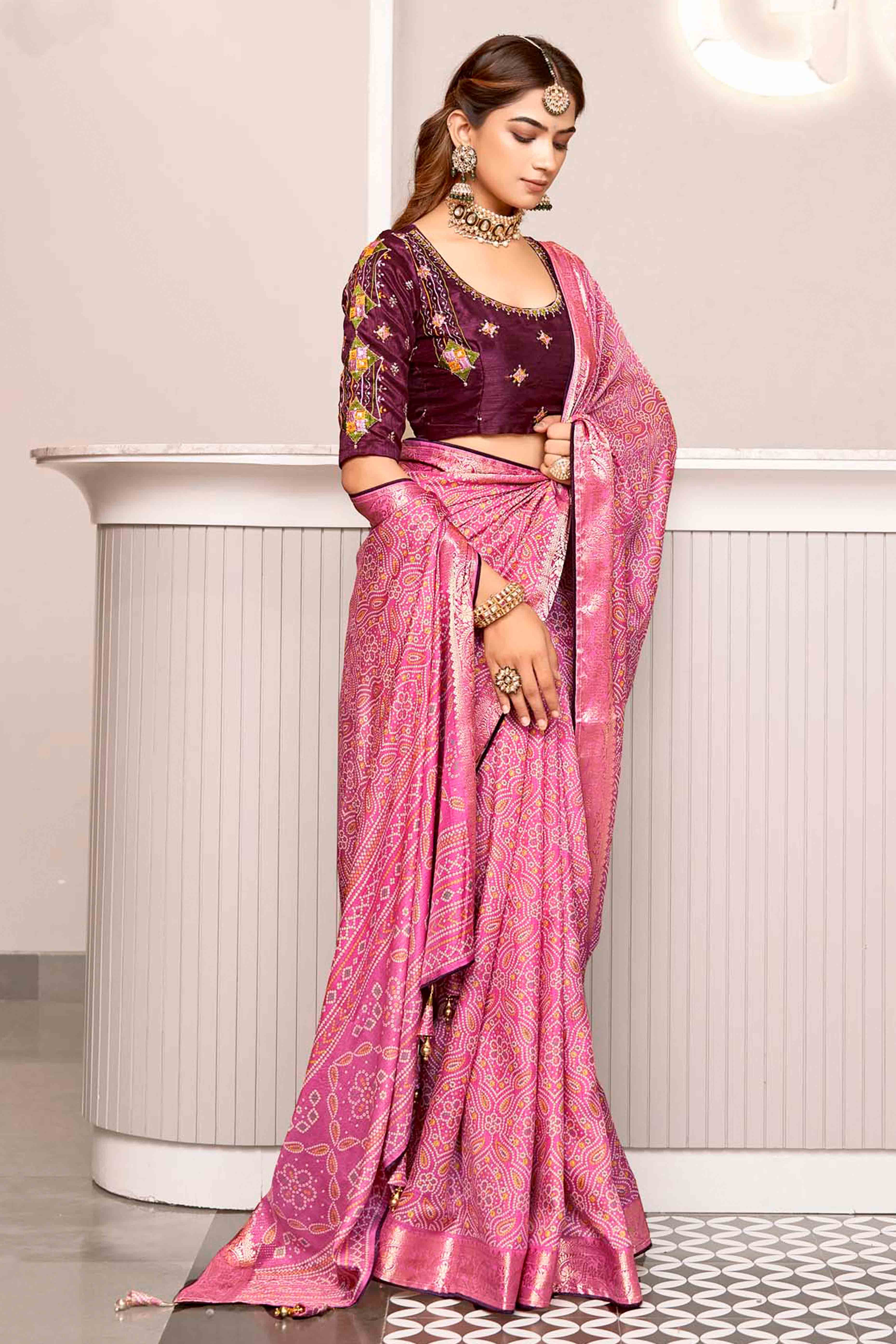 Pink Bandhani Printed Crepe Saree With Woven Border