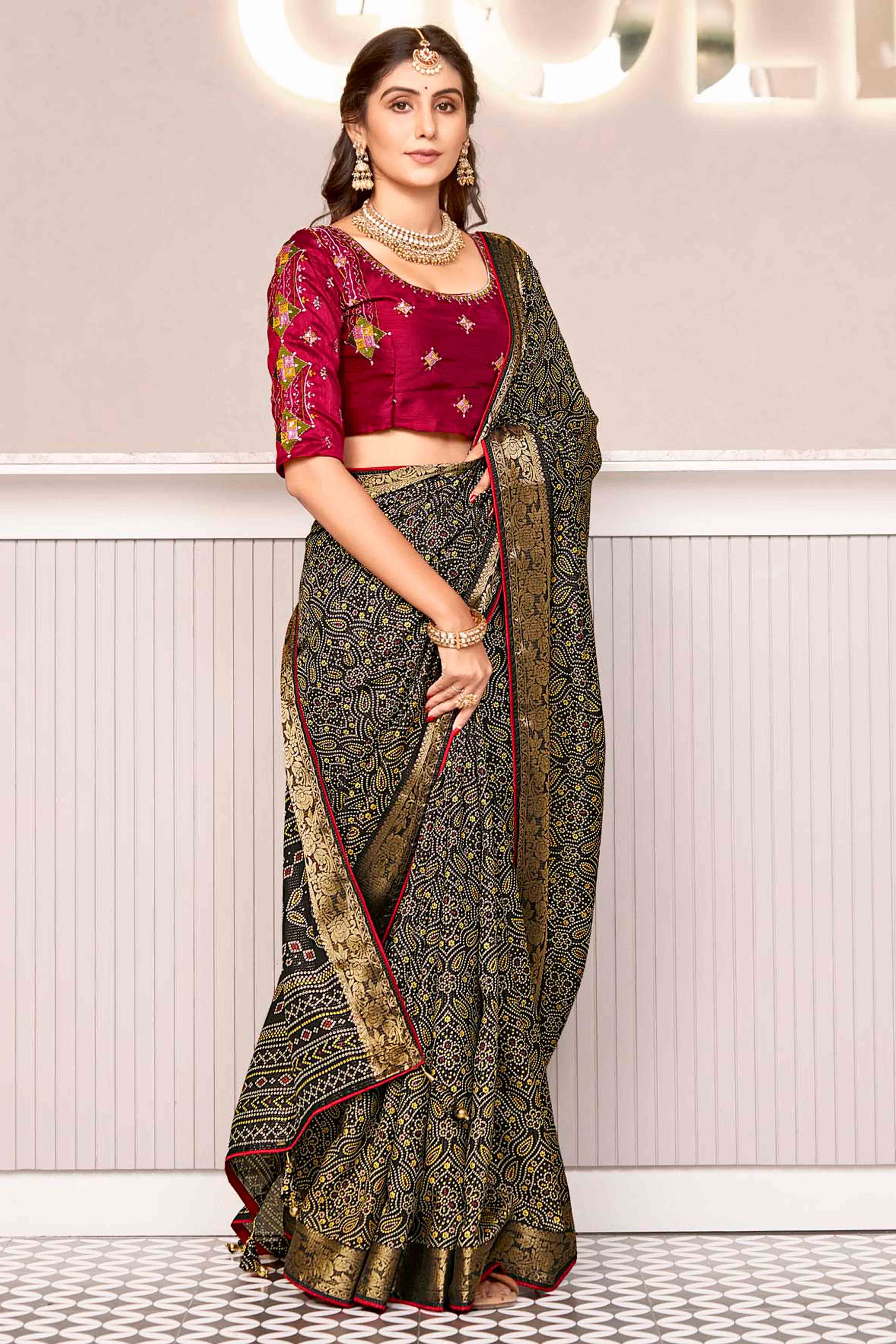 Black Bandhani Printed Crepe Saree With Woven Border