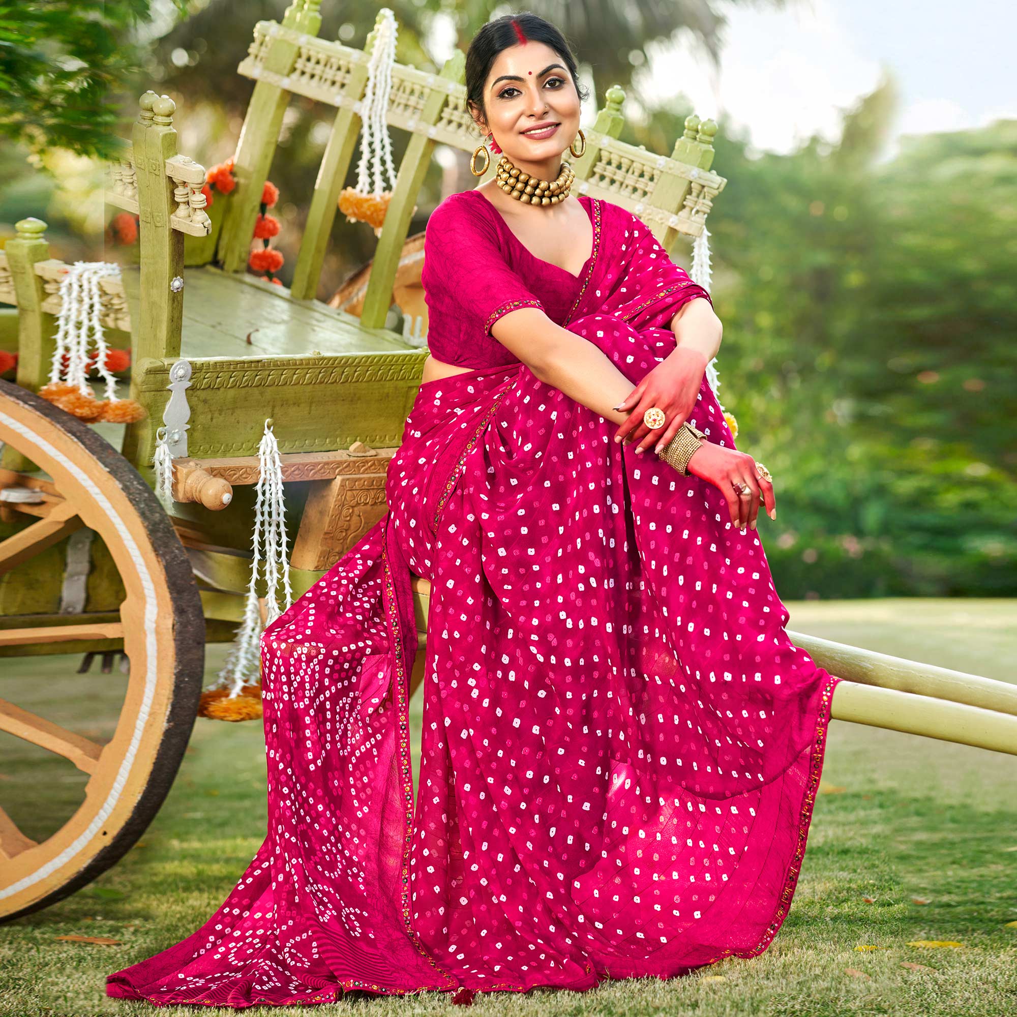 Pink Bandhani Printed Georgette Saree