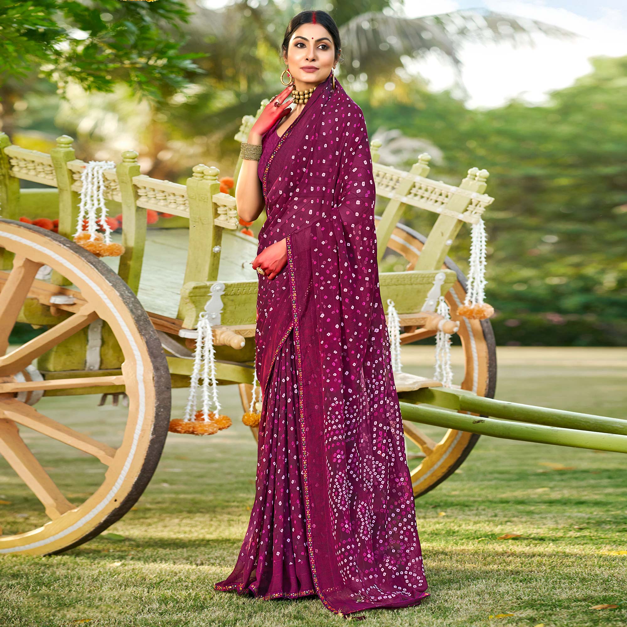 Wine Bandhani Printed Georgette Saree
