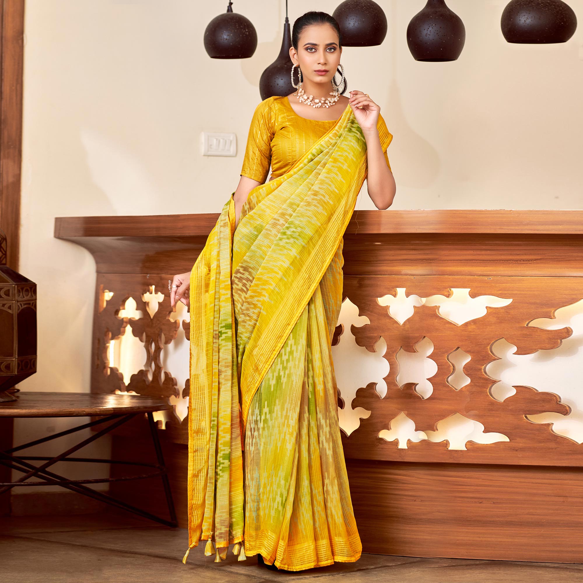 Yellow Ikkat Printed Chiffon Saree