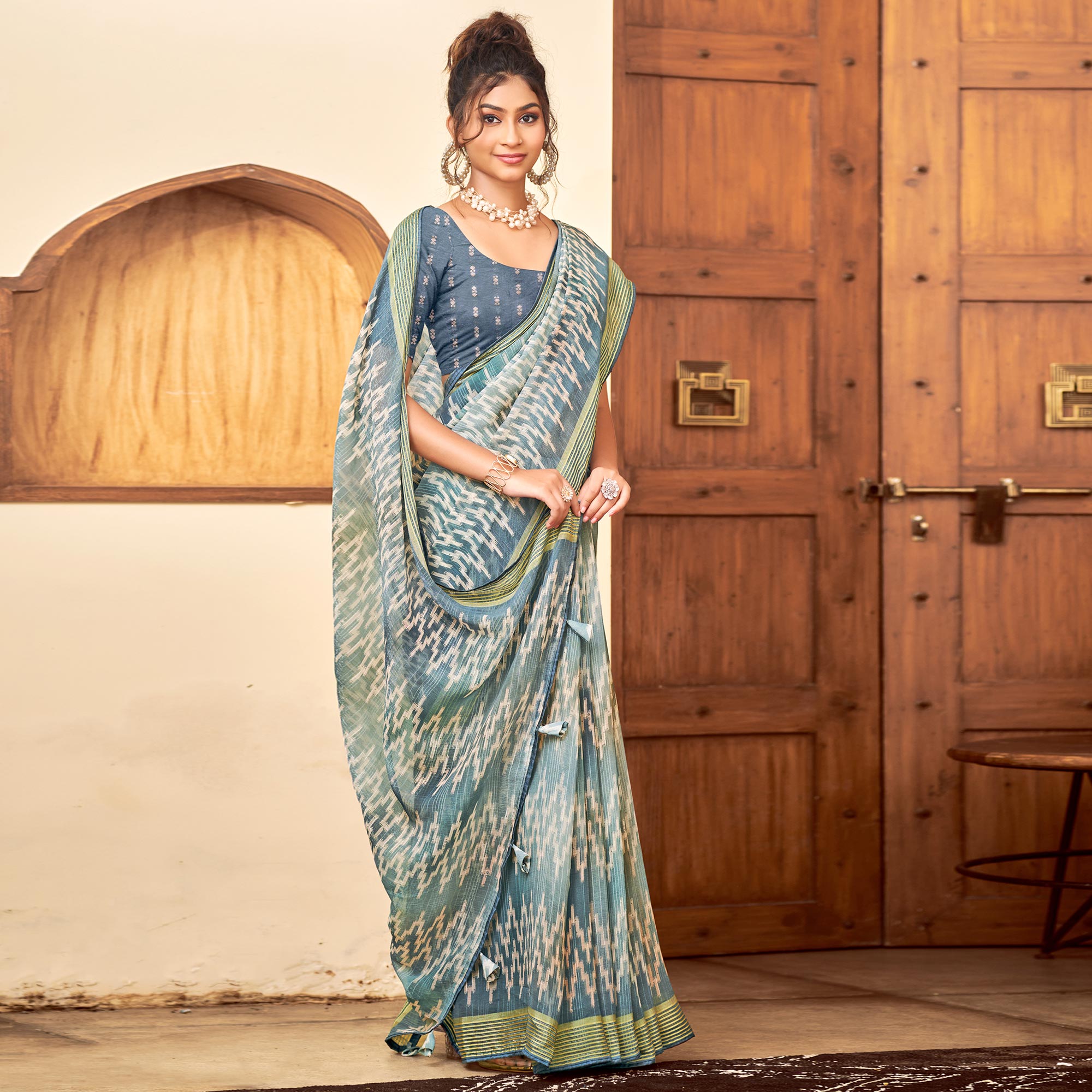 Grey Ikkat Printed Chiffon Saree