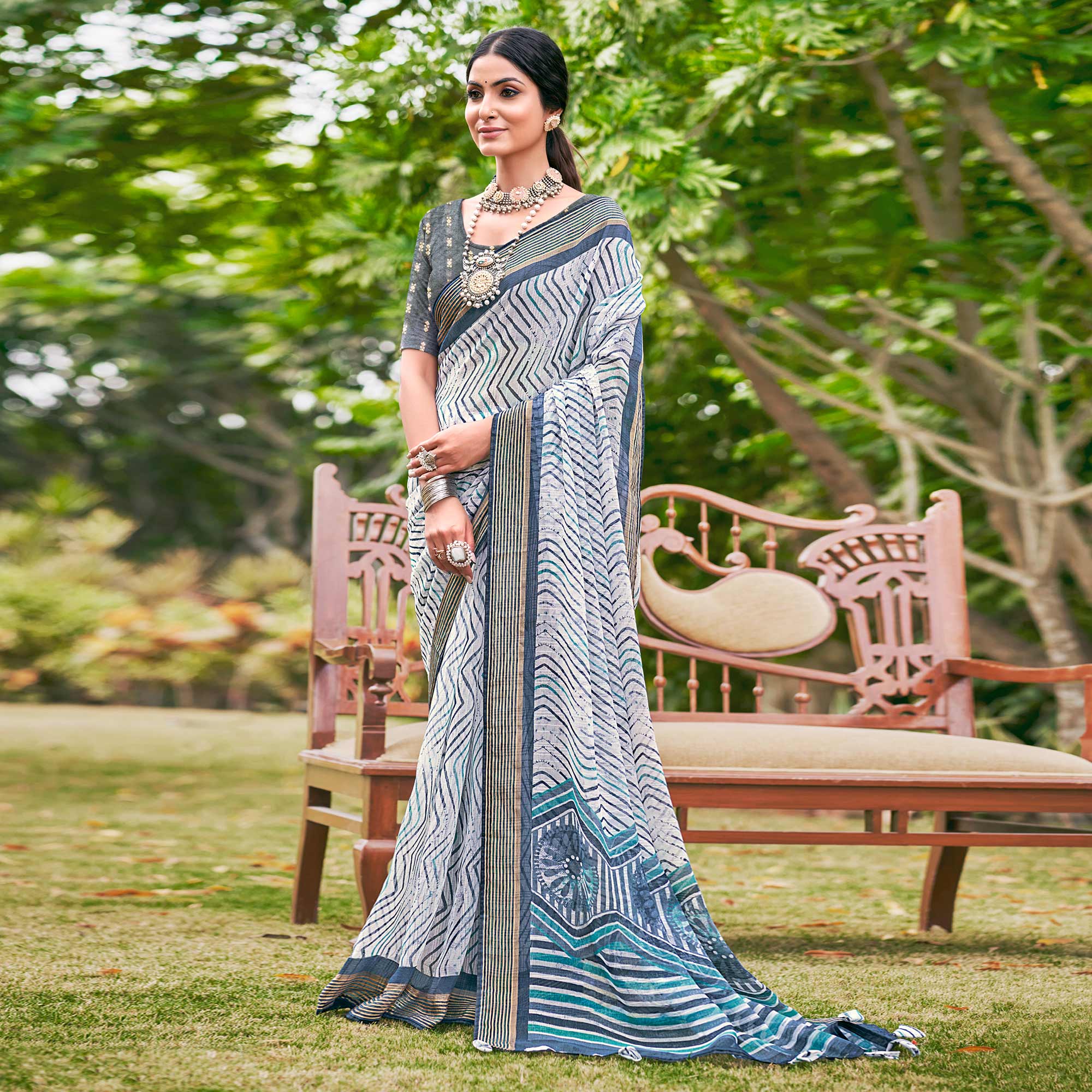 Grey Leheriya Printed Chiffon Saree