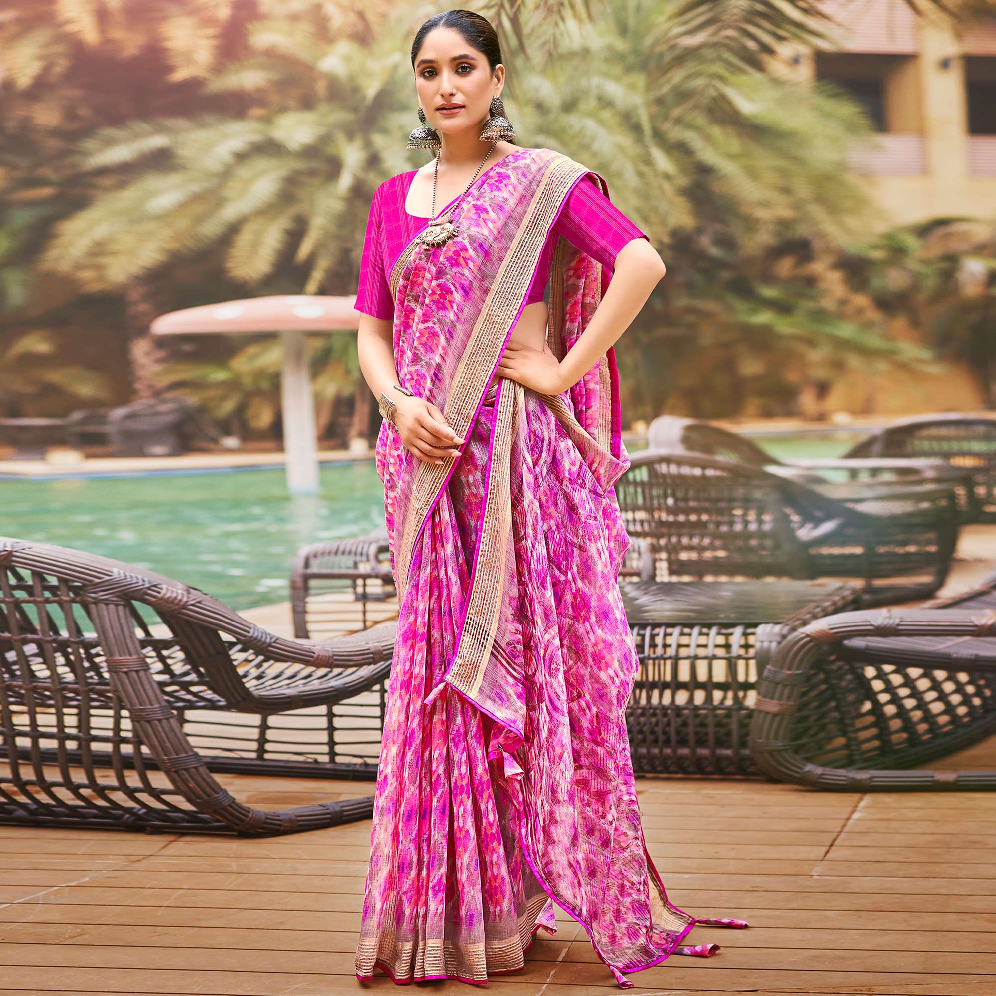 Pink Abstract Printed Chiffon Saree