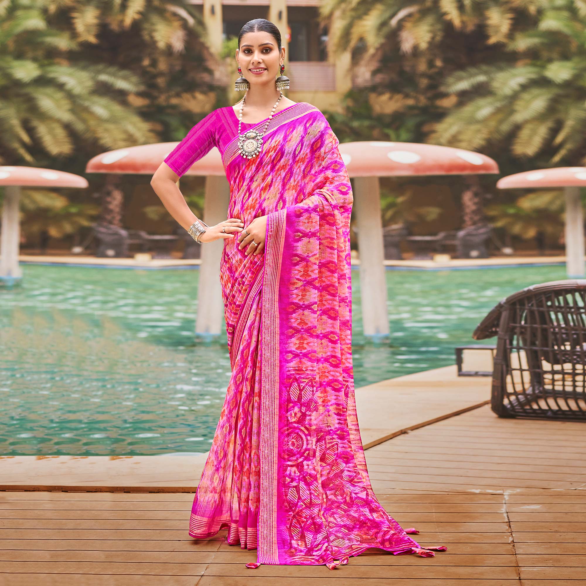 Rani Pink Abstract Printed Chiffon Saree