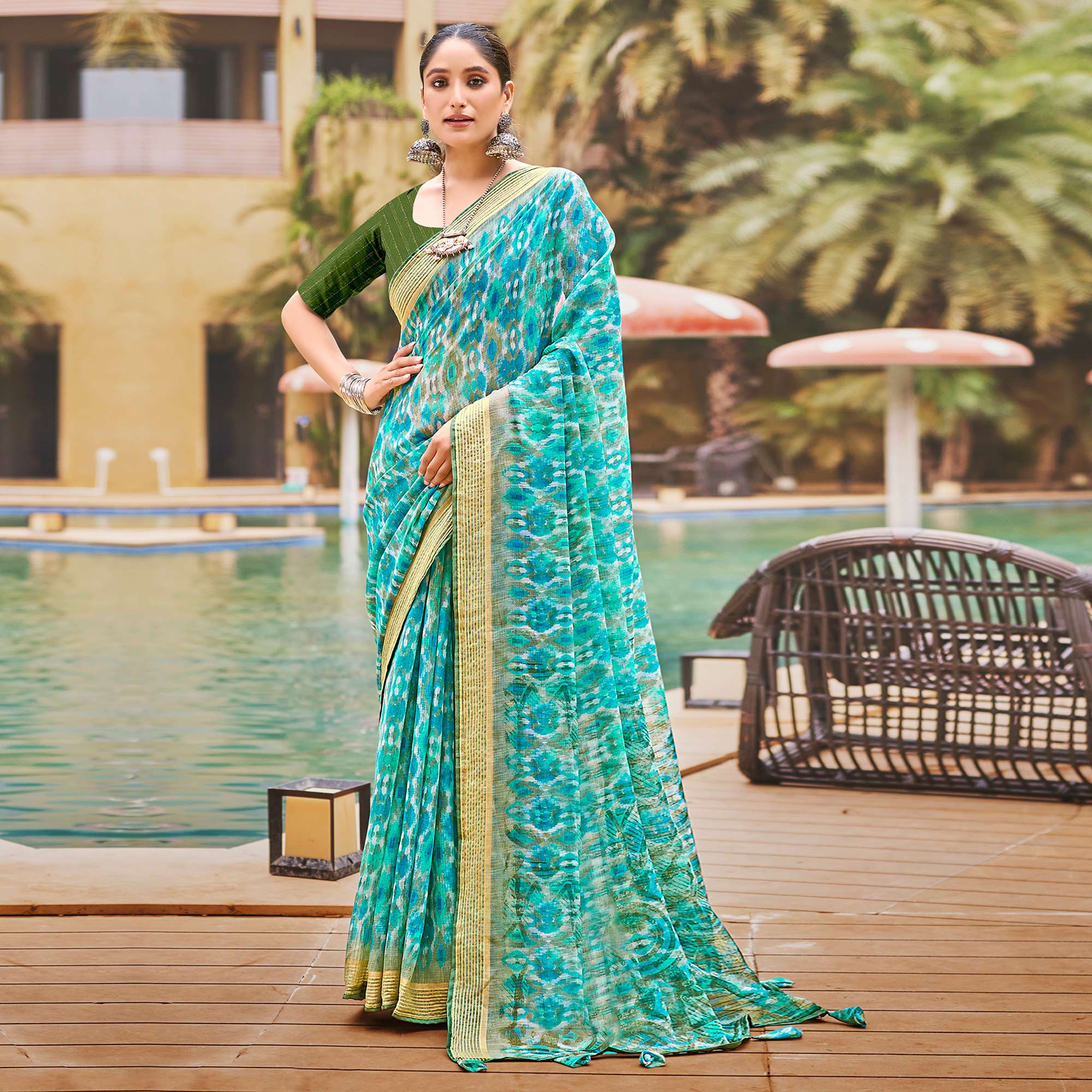 Turquoise Abstract Printed Chiffon Saree