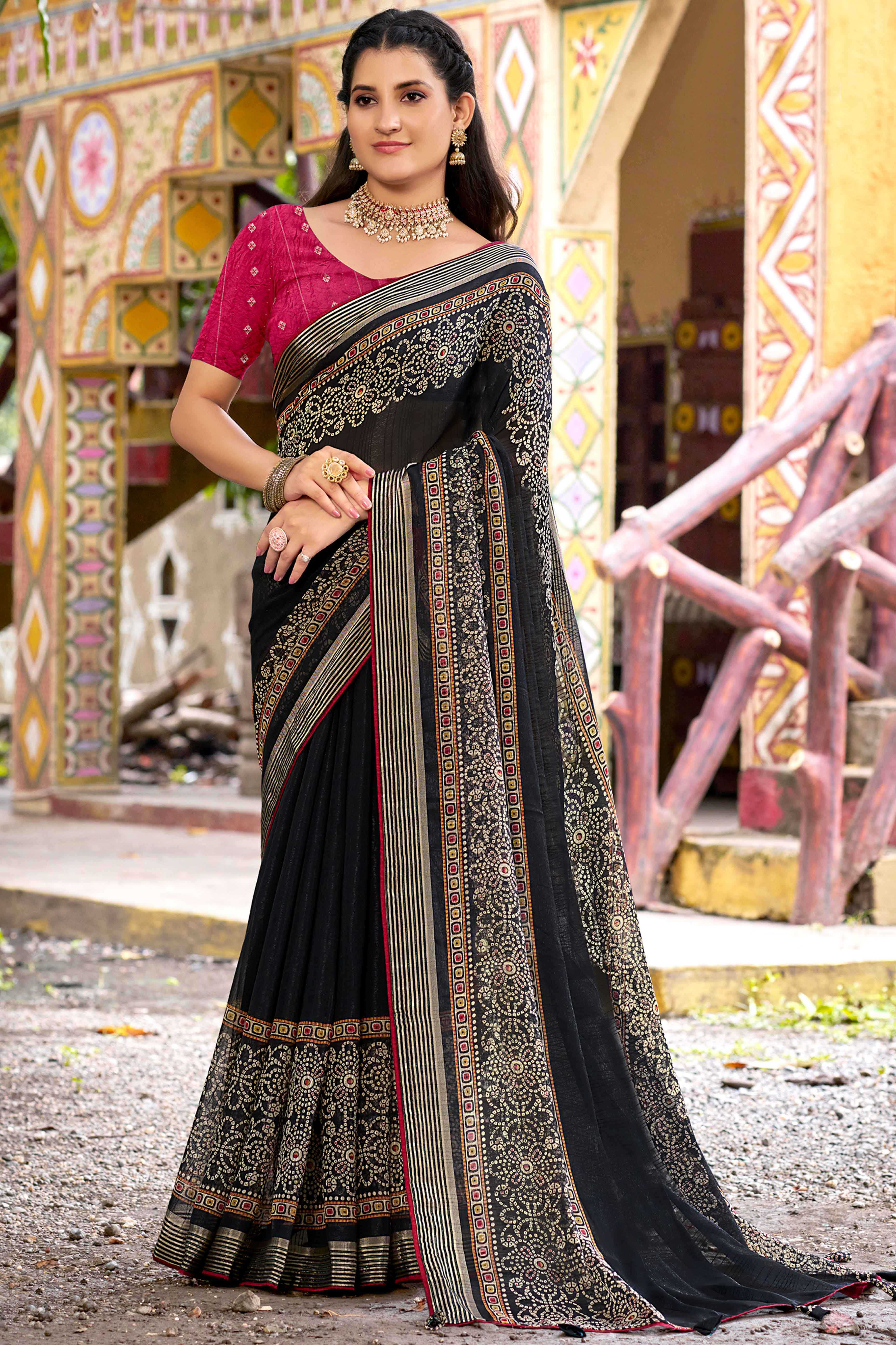 Black Bandhani Printed Shimmer Chiffon Saree