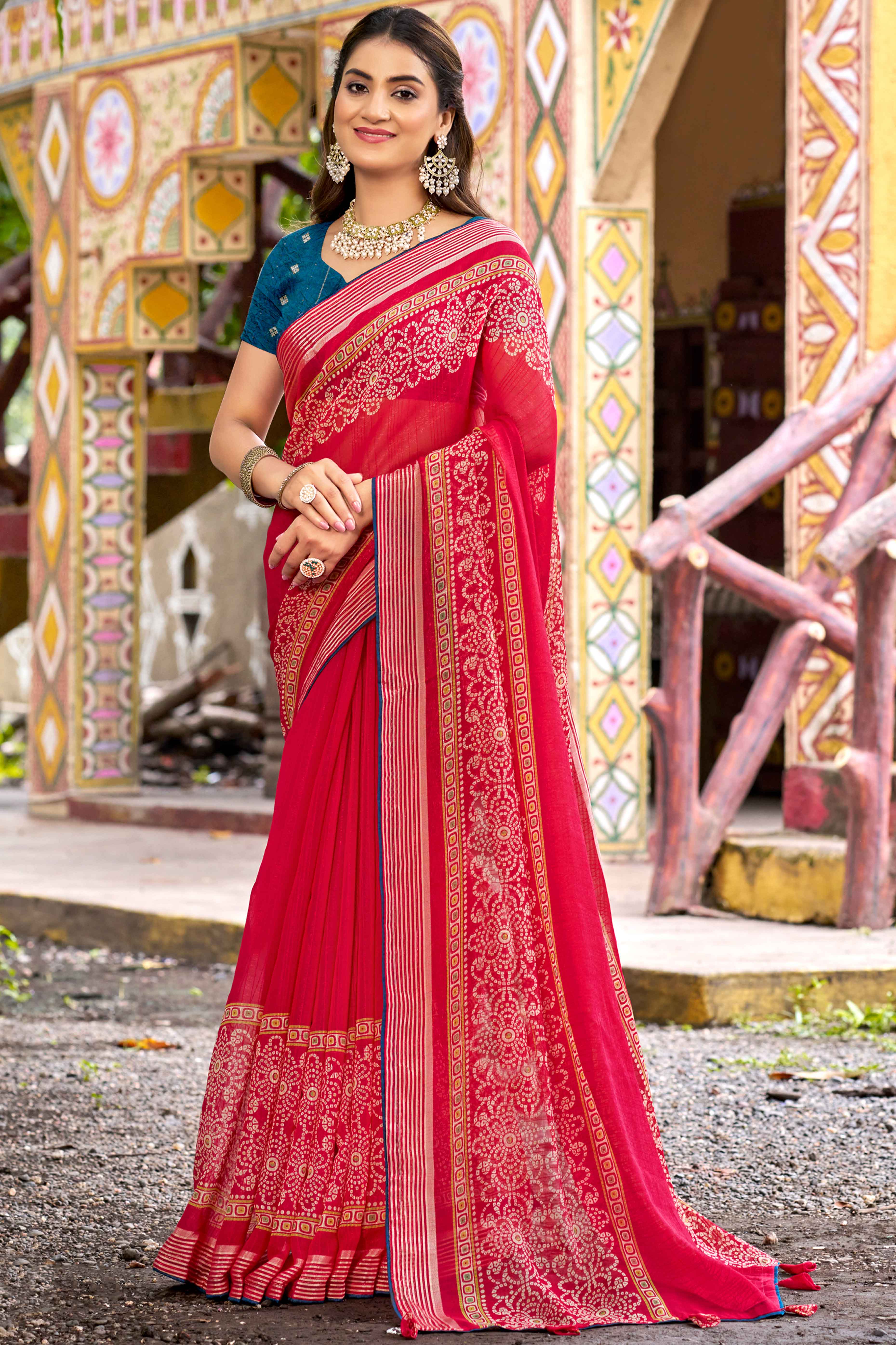 Cherry Red Bandhani Printed Shimmer Chiffon Saree