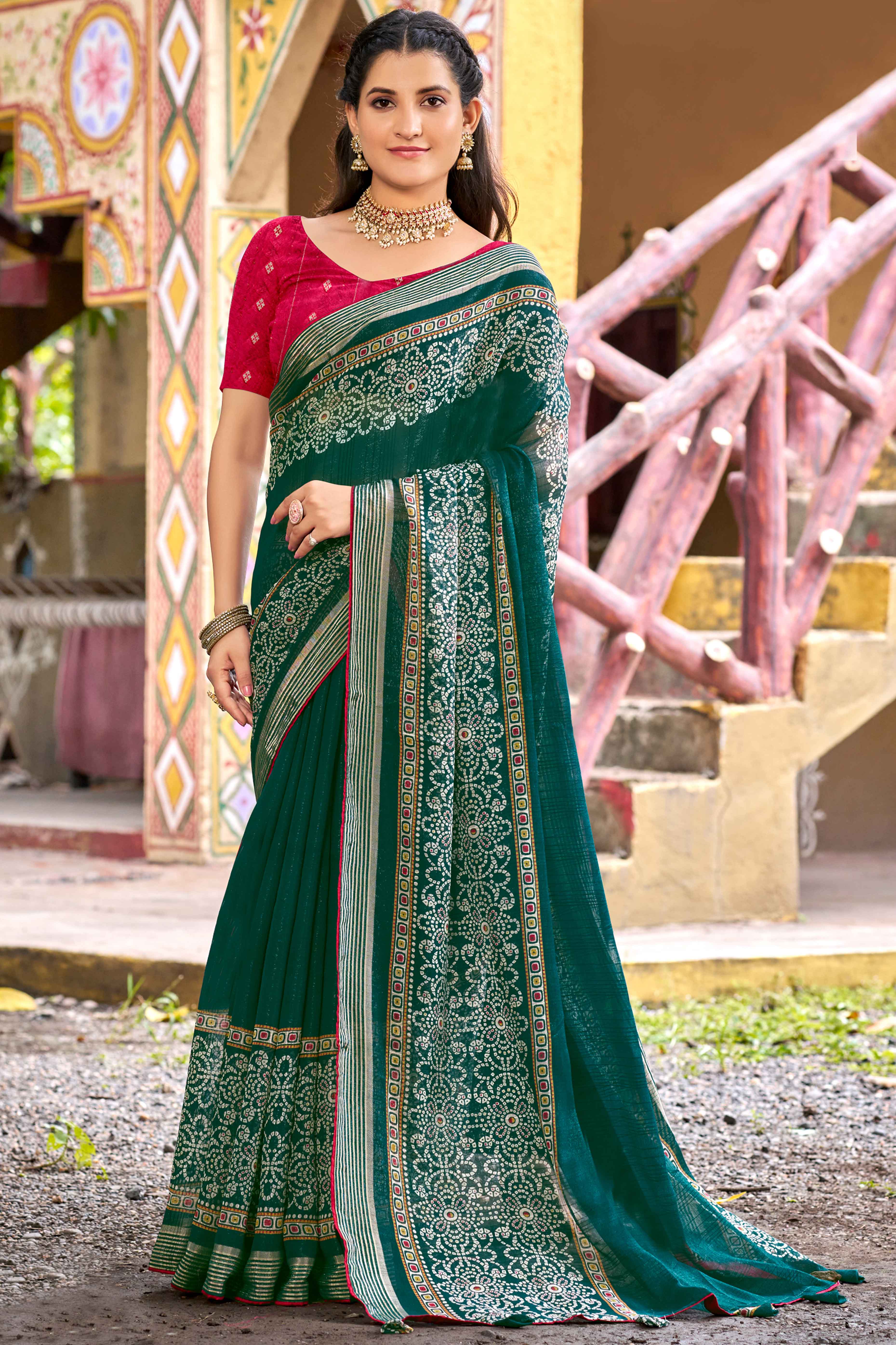 Rama Green Bandhani Printed Shimmer Chiffon Saree