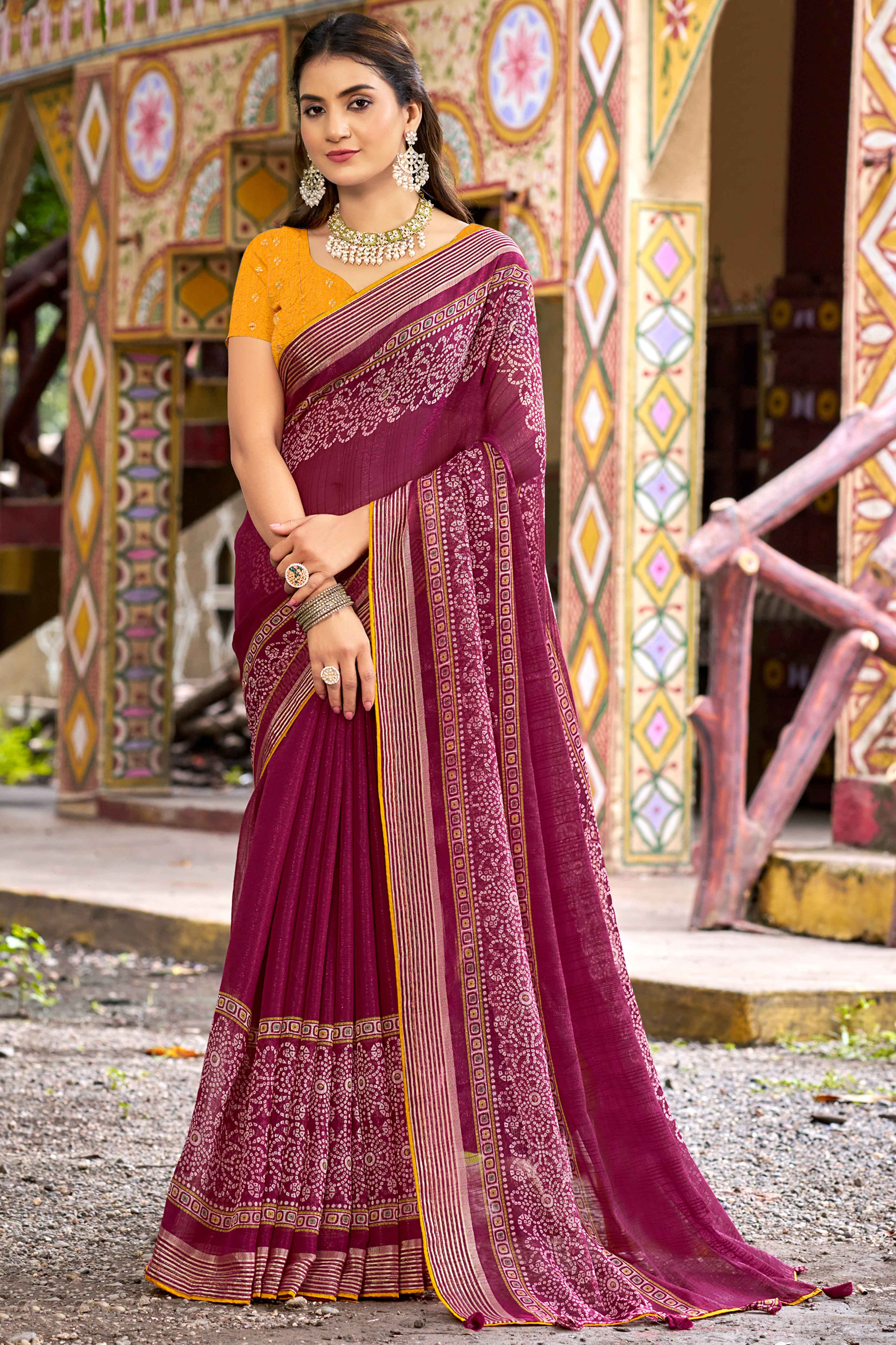 Dark Magenta Bandhani Printed Shimmer Chiffon Saree