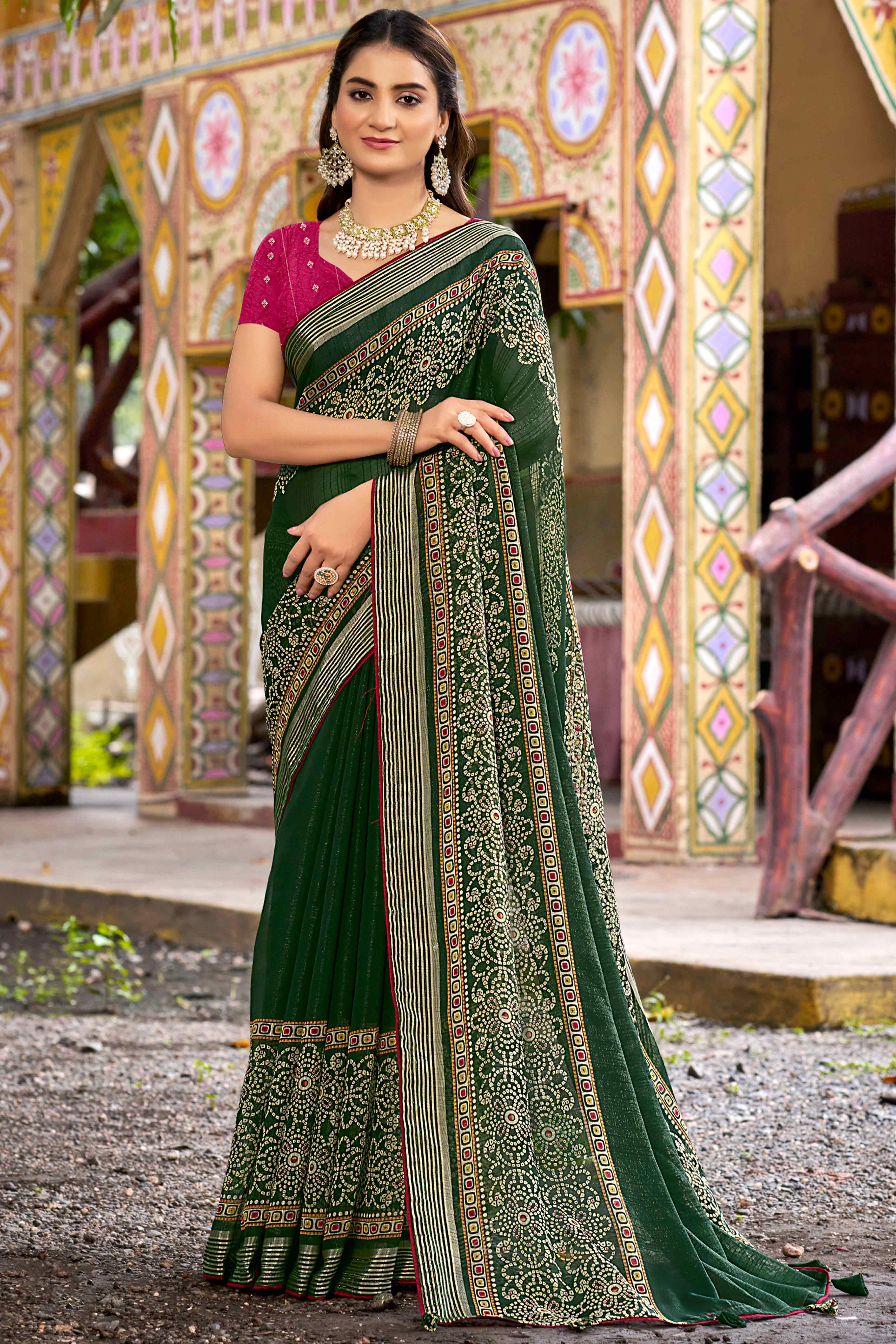 Bottle Green Bandhani Printed Shimmer Chiffon Saree