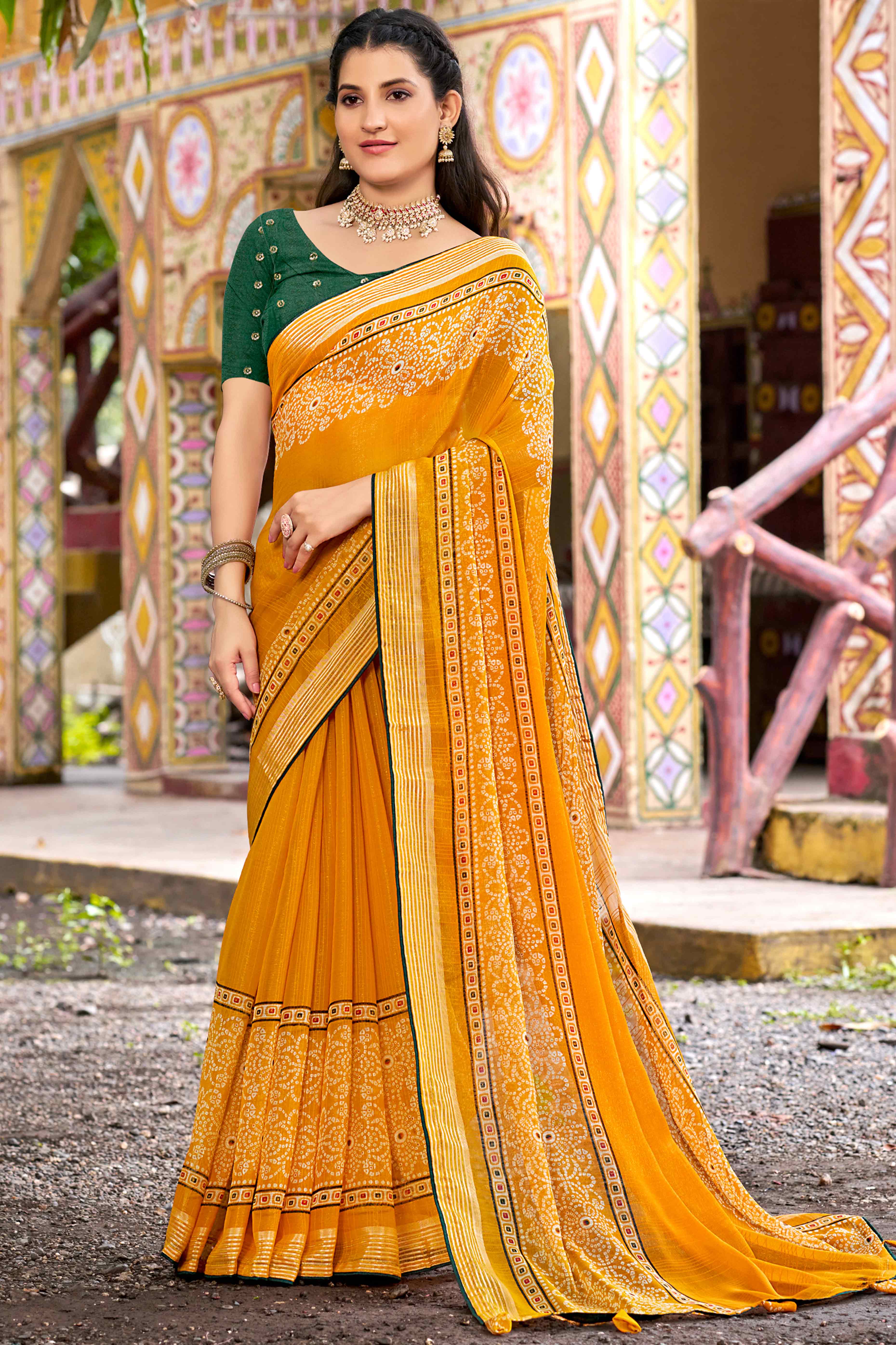 Mustard Bandhani Printed Shimmer Chiffon Saree