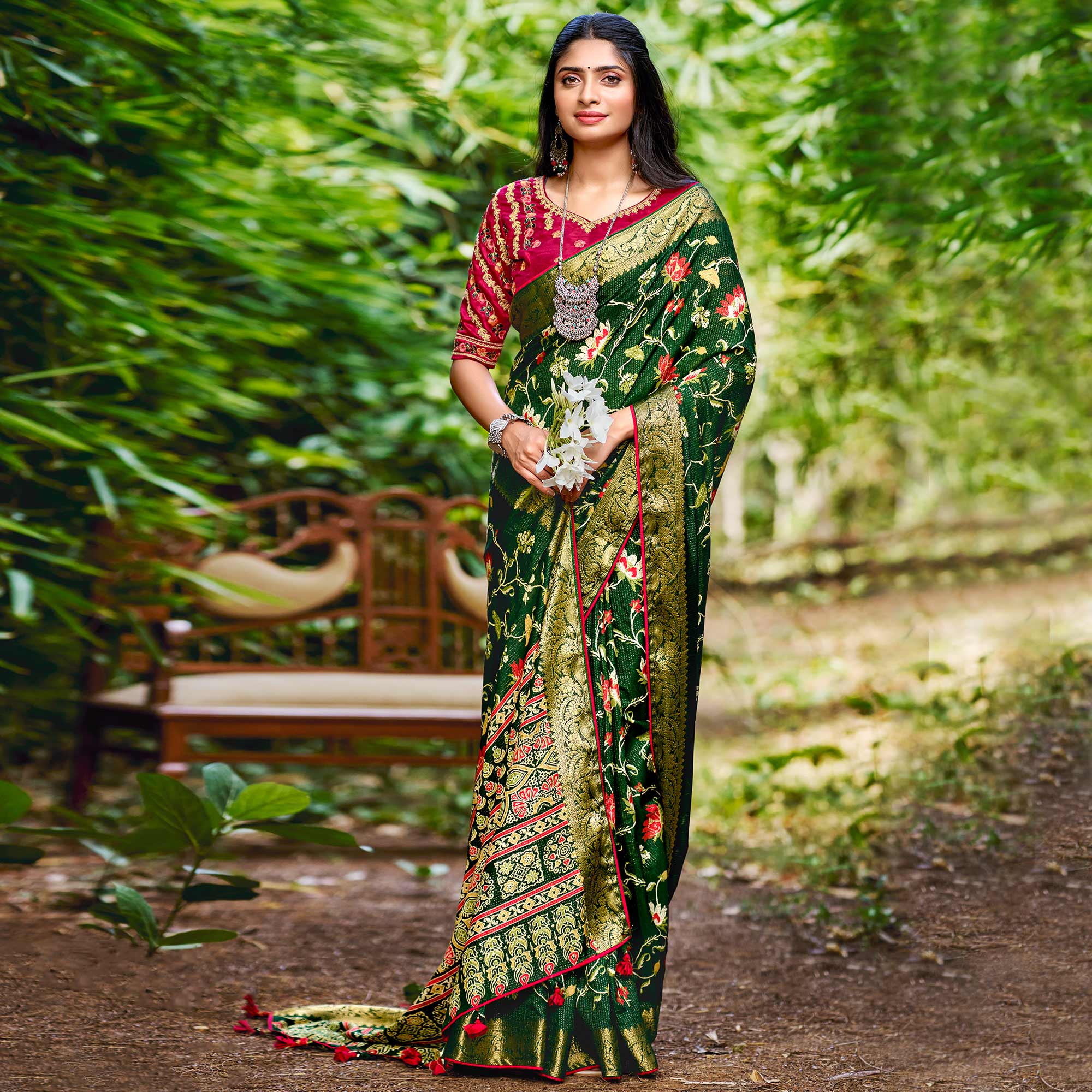 Green Floral Woven Dola Silk Saree With Tassels