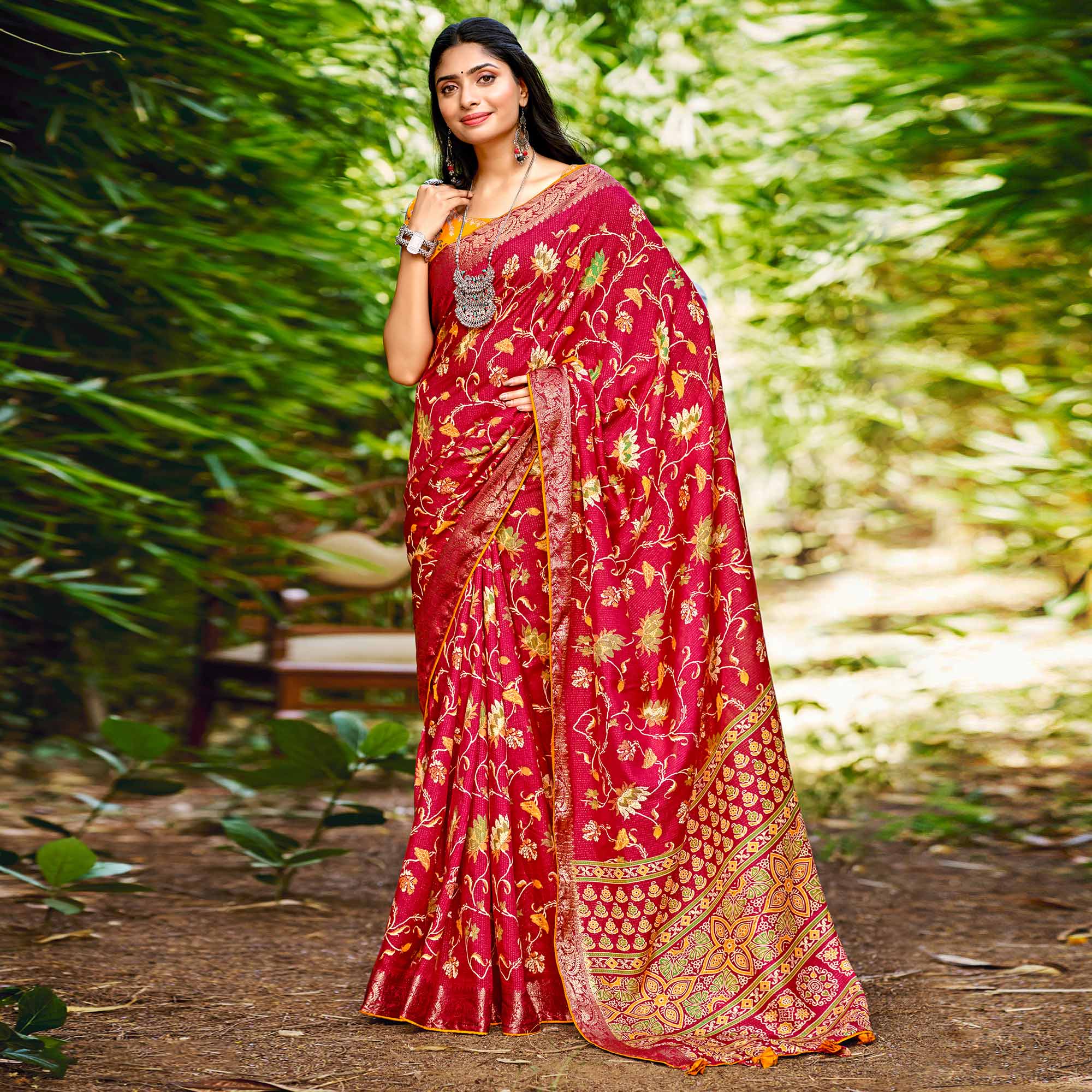 Red Floral Woven Dola Silk Saree With Tassels