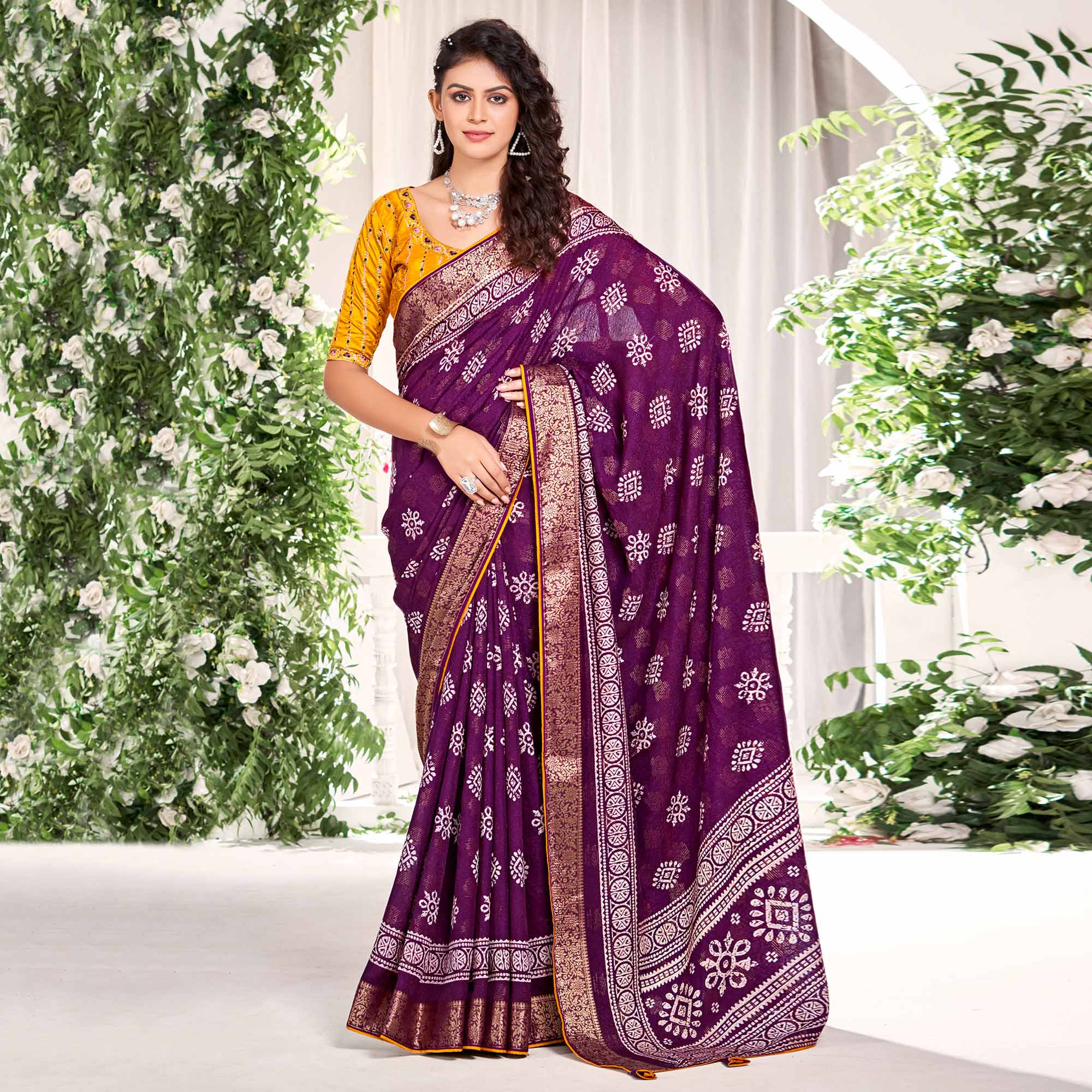 Purple Floral Printed Dola Silk Saree