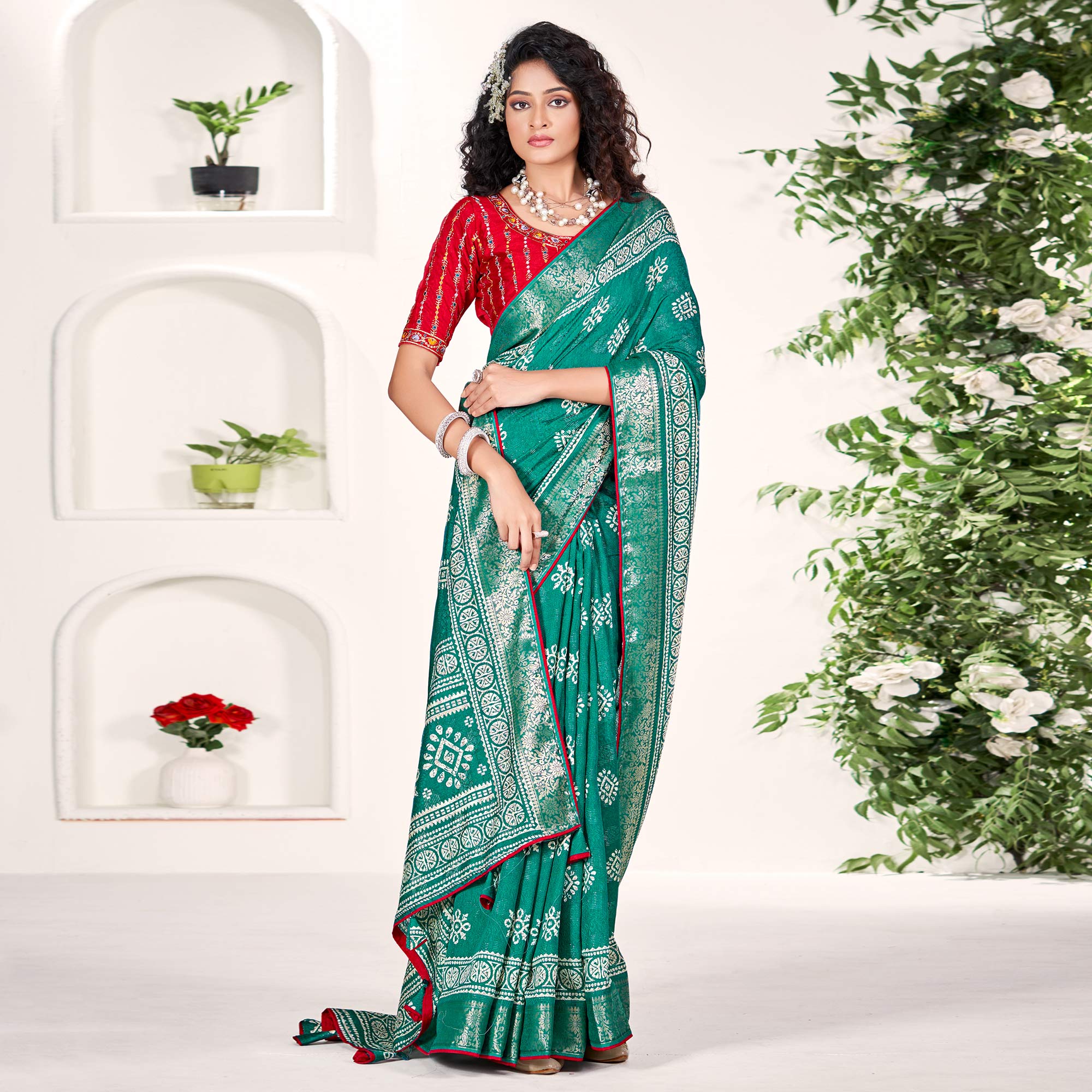Rama Green Floral Printed Dola Silk Saree