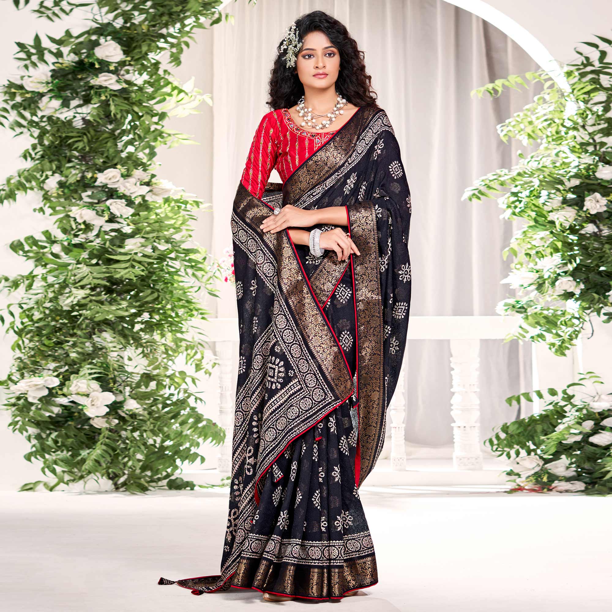 Black Floral Printed Dola Silk Saree