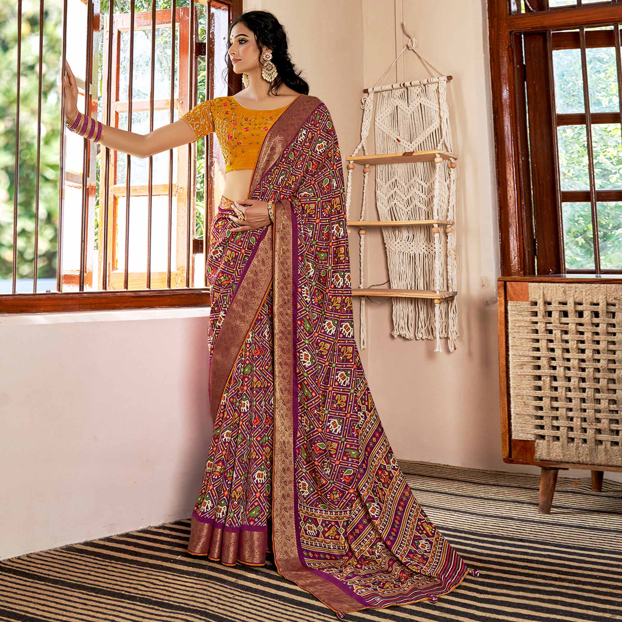 Teal Patola Printed Art Silk Saree