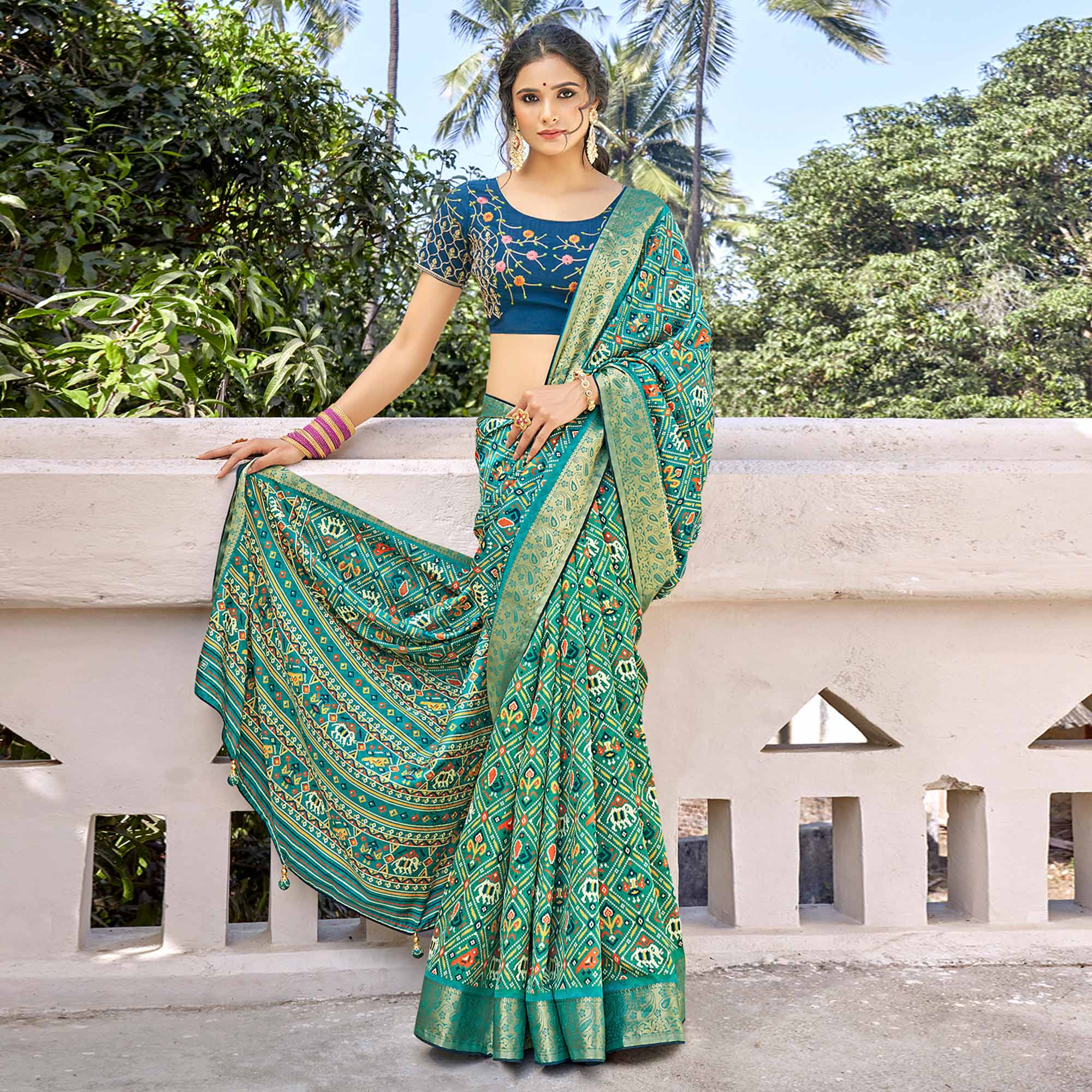 Rama Green Patola Printed Art Silk Saree