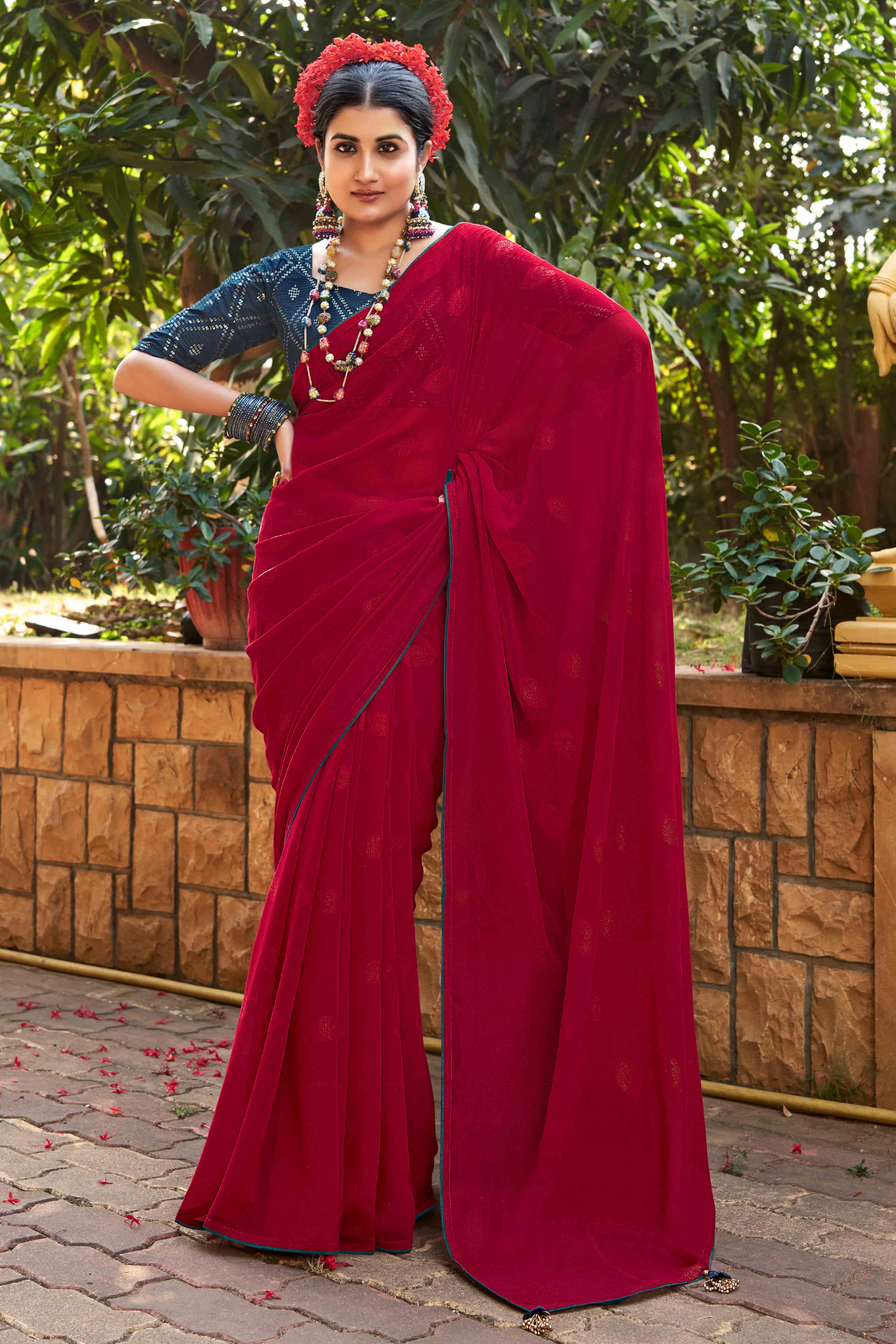 Cherry Red Woven Georgette Saree With Tassels