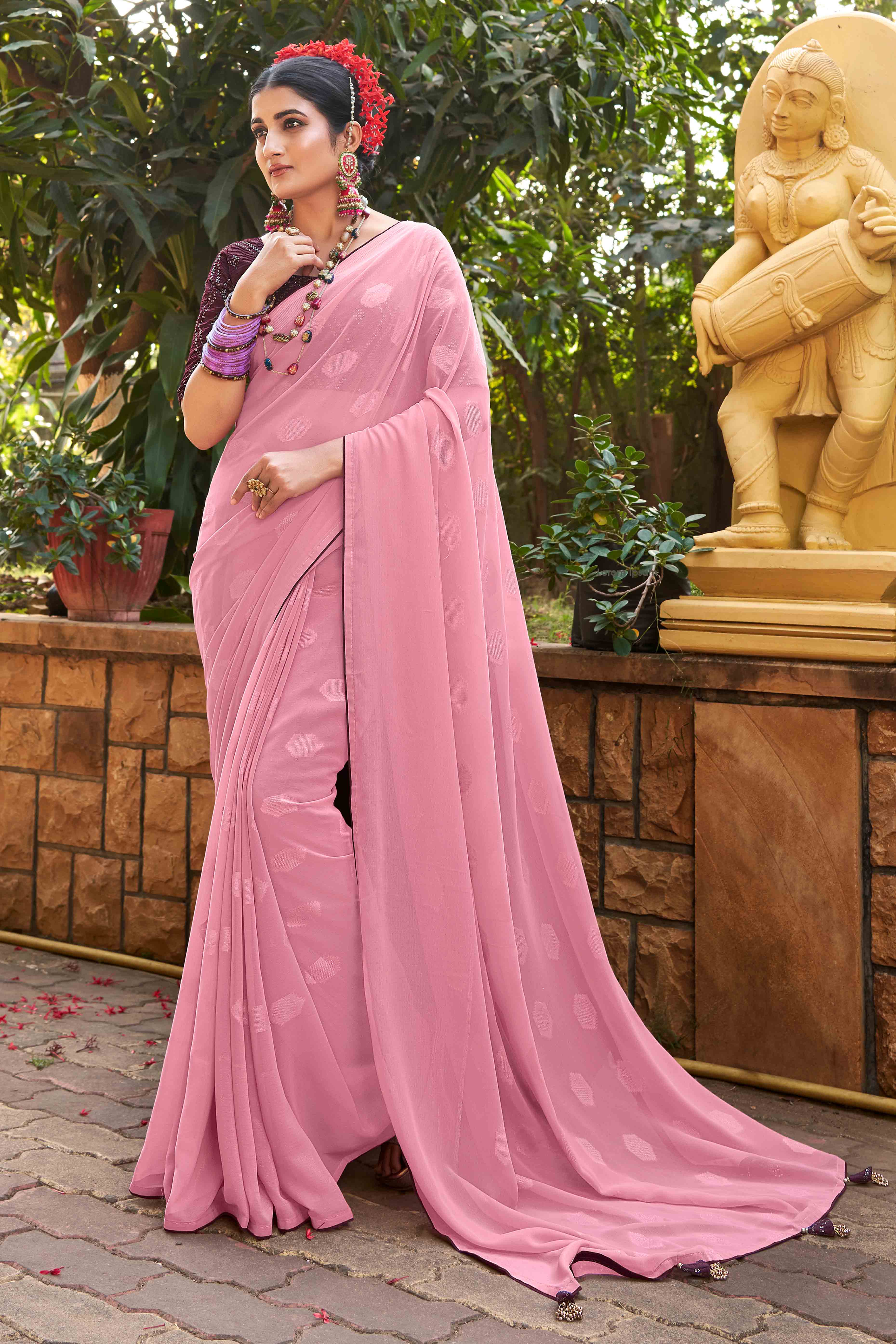 Onion Pink Woven Georgette Saree With Tassels