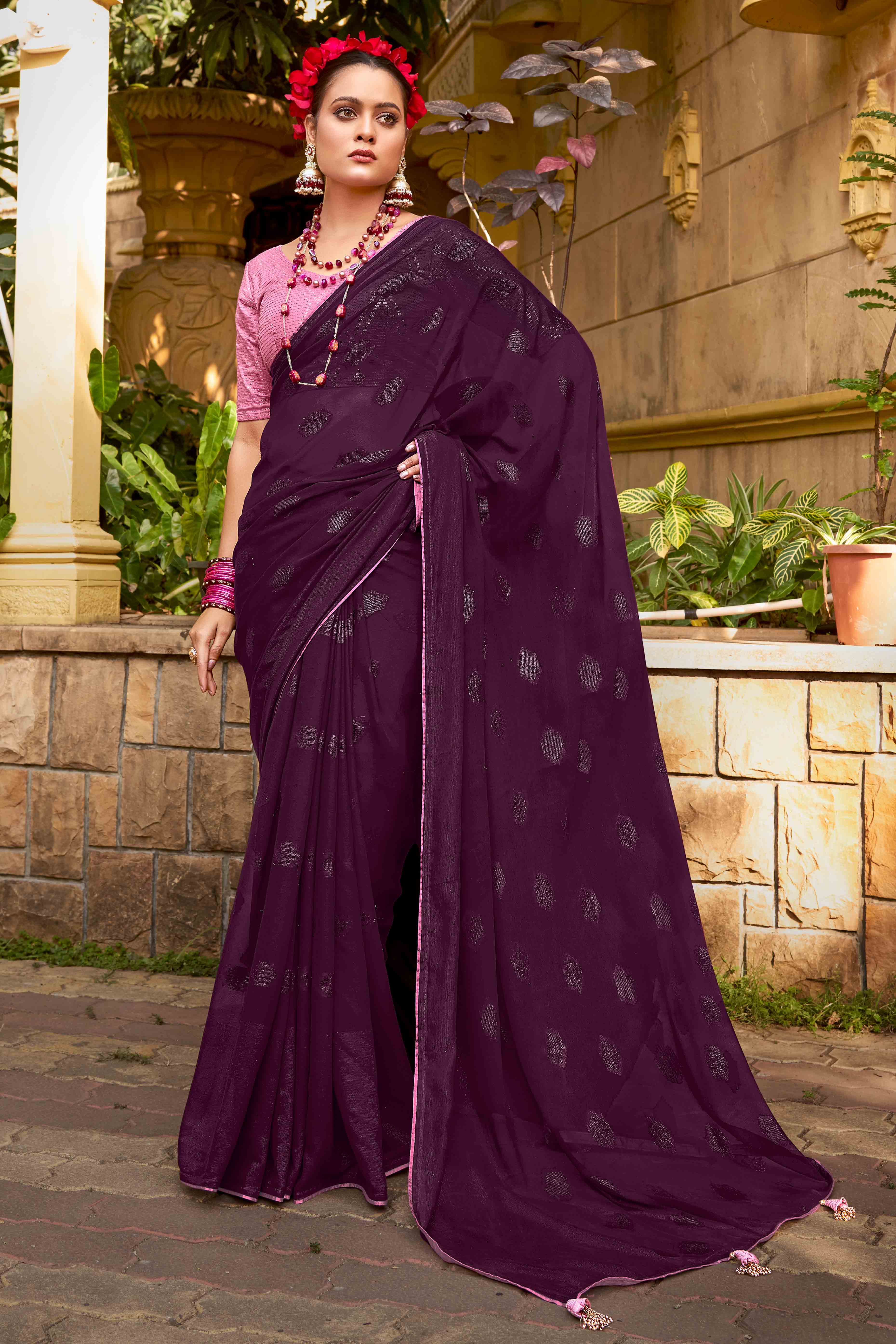 Wine Woven Georgette Saree With Tassels