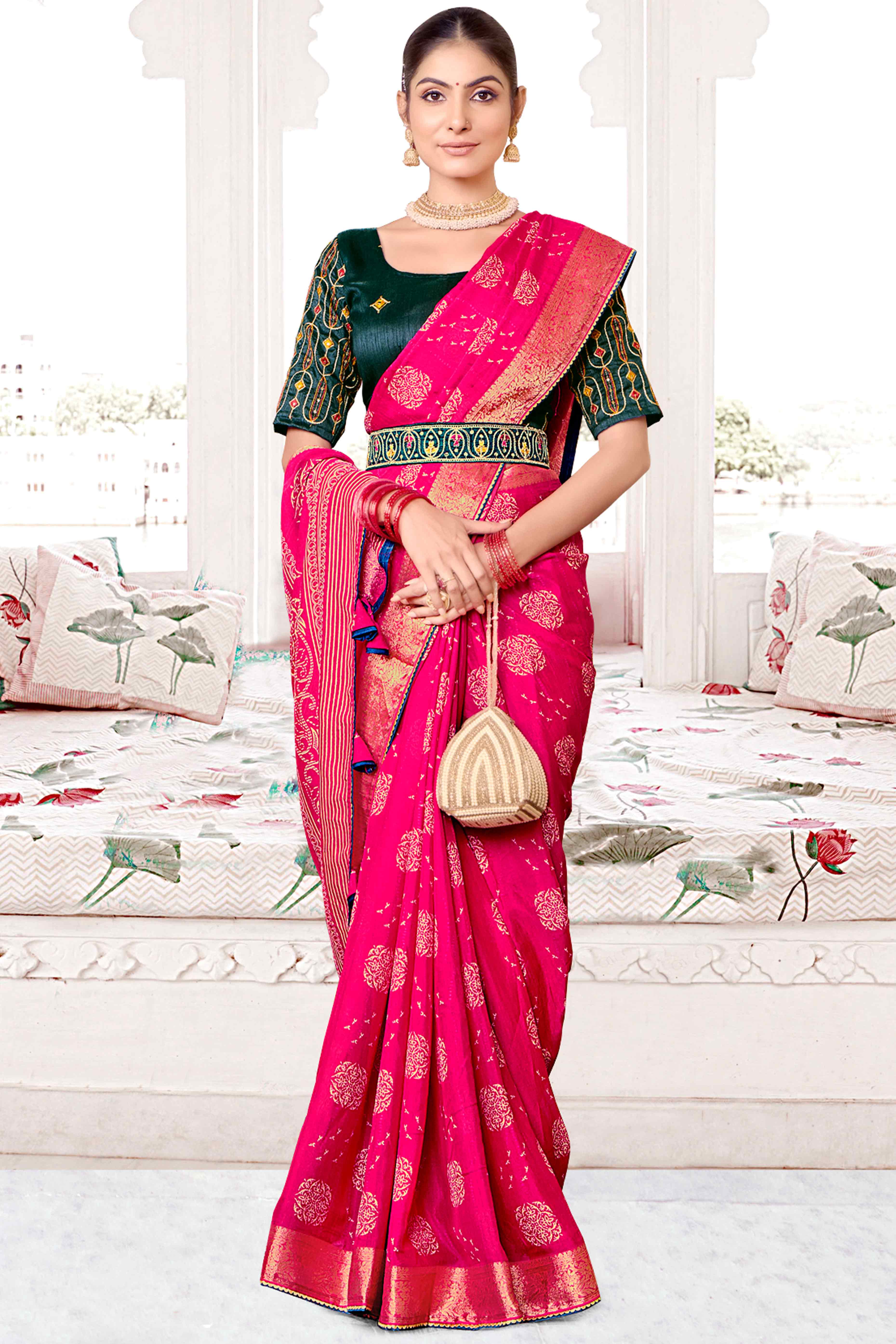 Rani Pink Floral Printed Muslin Saree With Woven Border