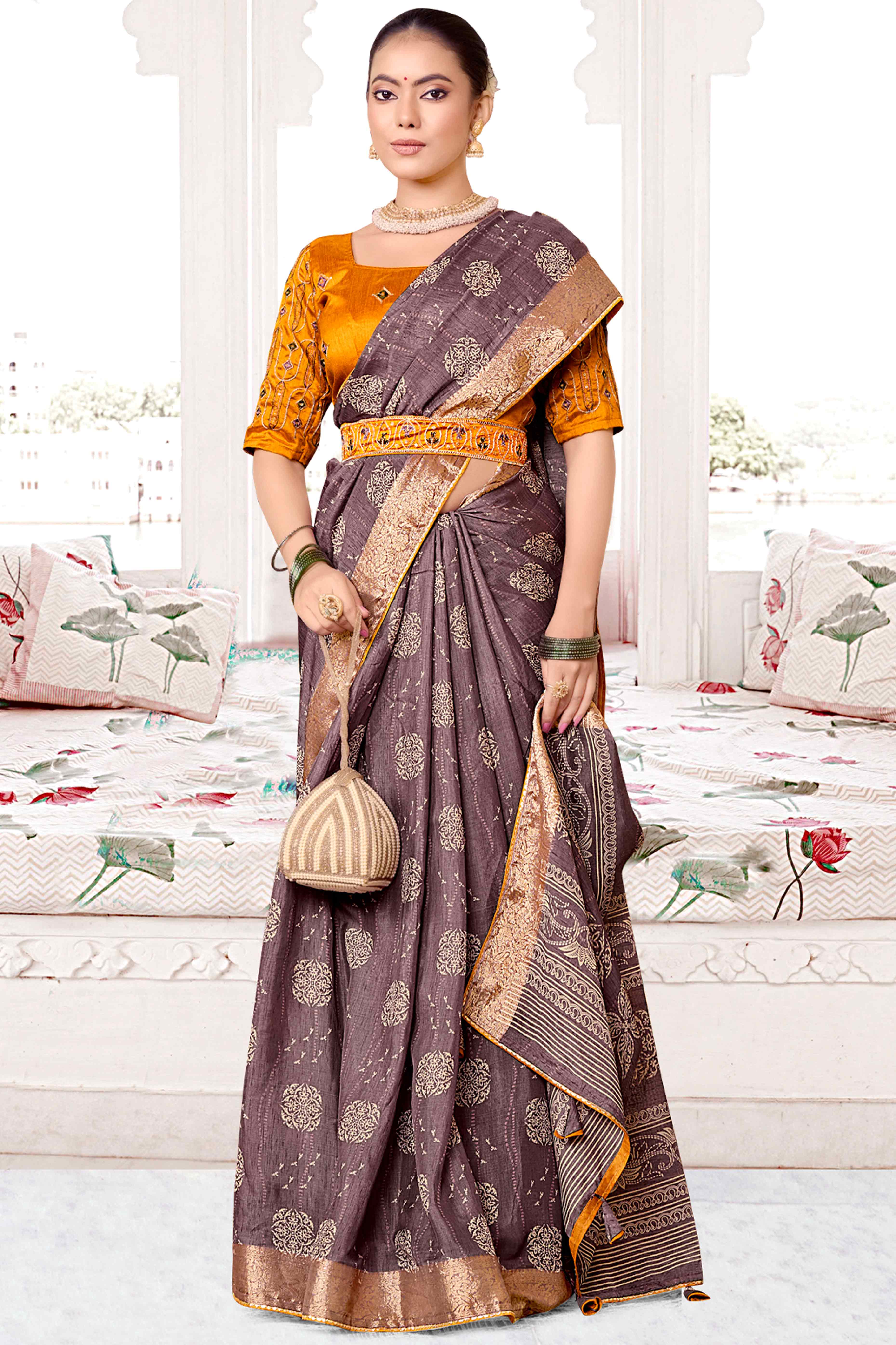 Light Mauve Floral Printed Muslin Saree With Woven Border