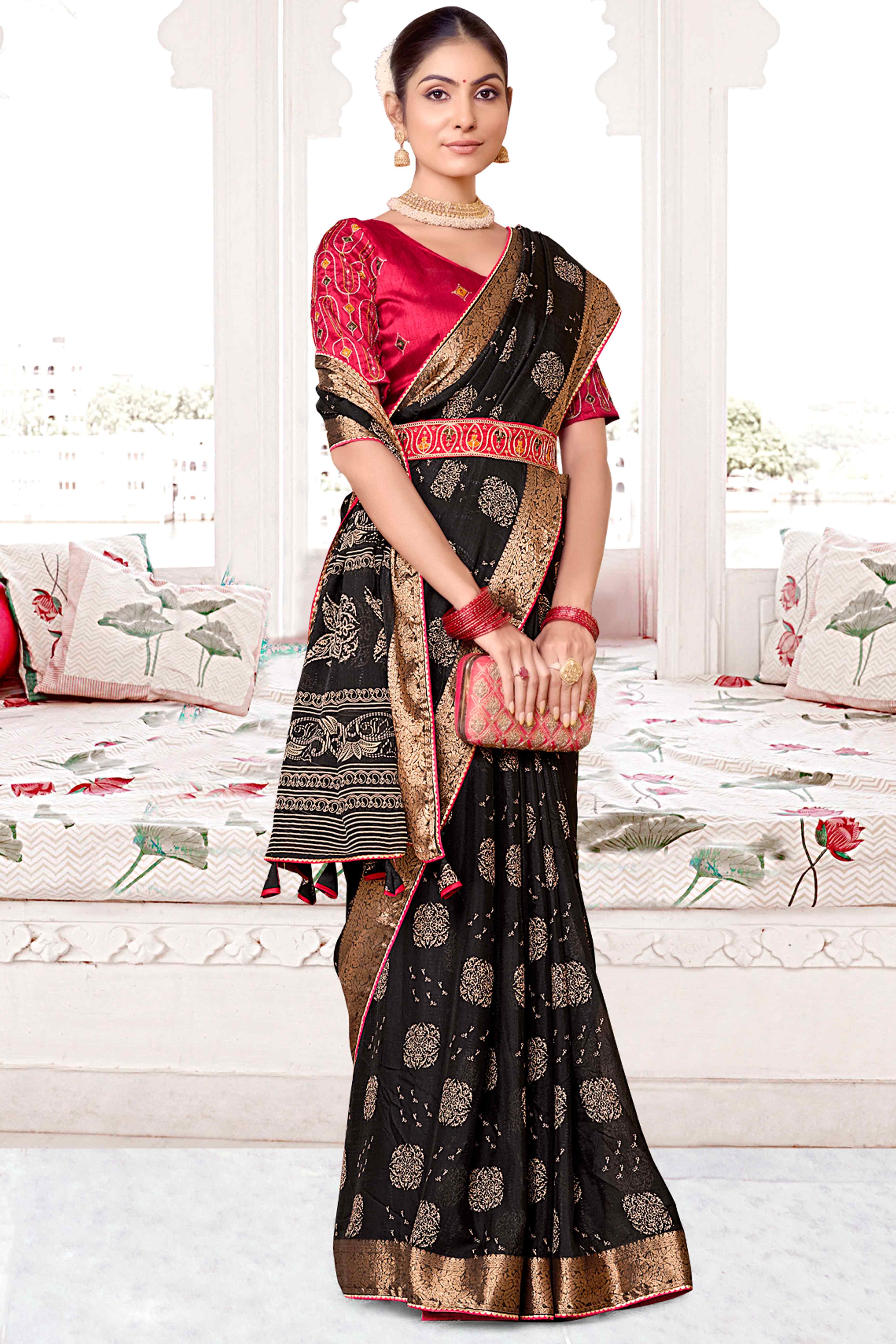 Black Floral Printed Muslin Saree With Woven Border