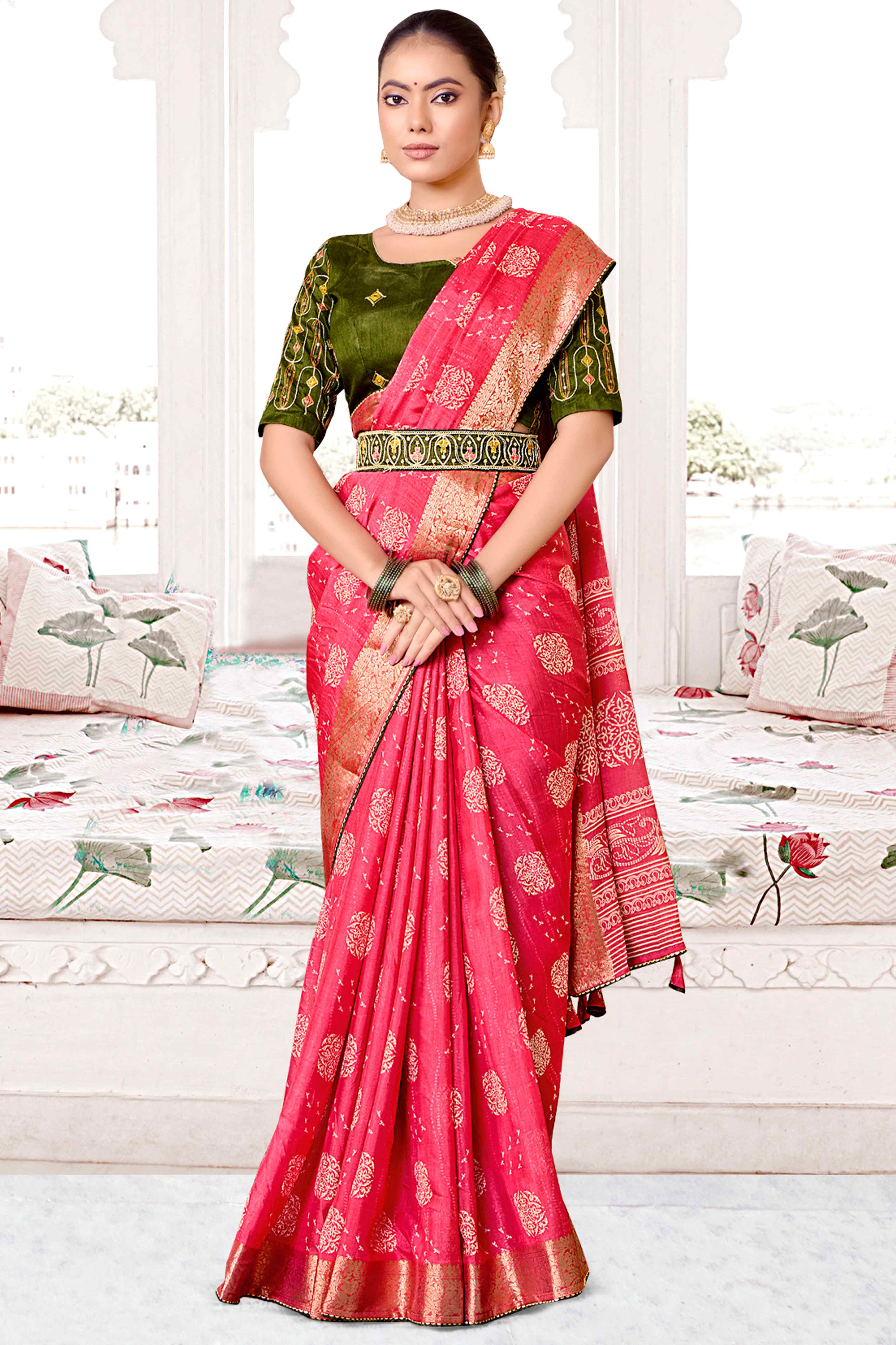 Pink Floral Printed Muslin Saree With Woven Border