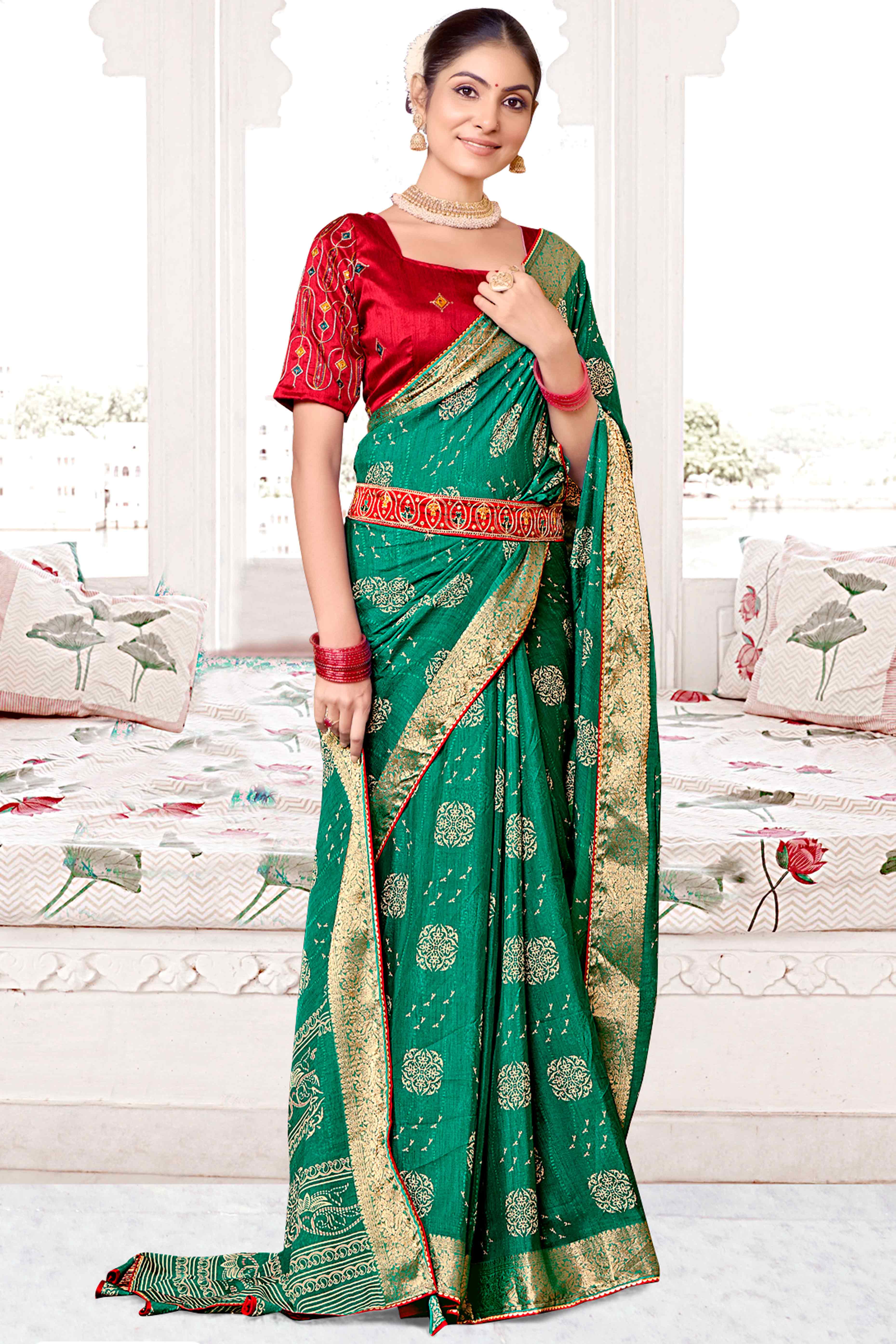 Rama Green Floral Printed Muslin Saree With Woven Border