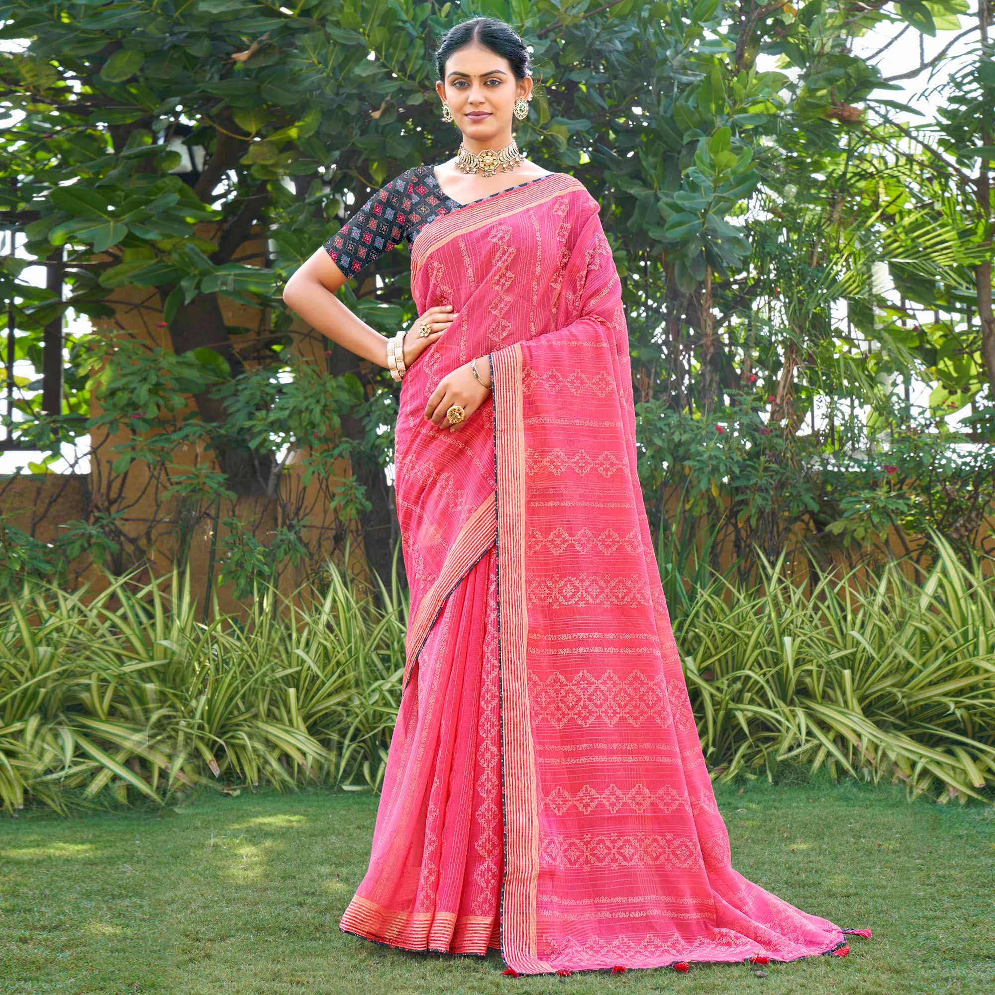 Pink Printed Chiffon Saree