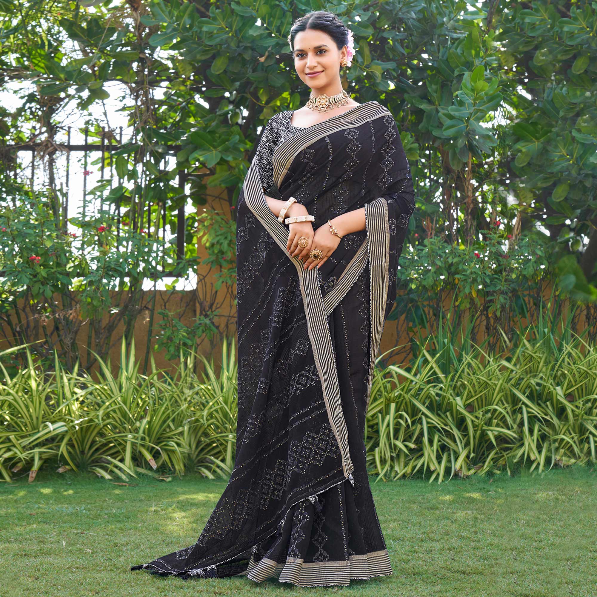 Black Printed Chiffon Saree