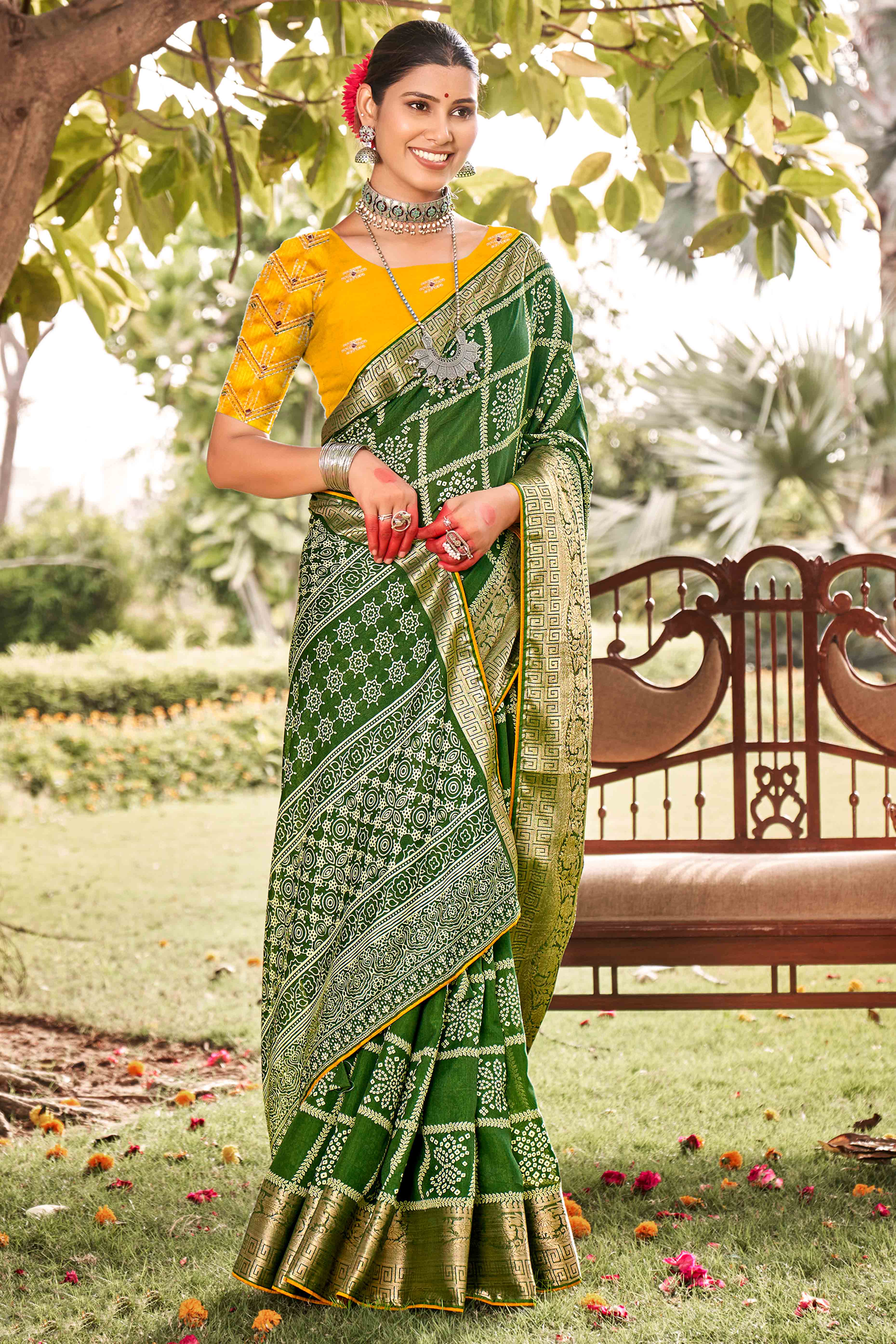 Green Bandhani Printed Dola Silk Saree With Jacquard Border