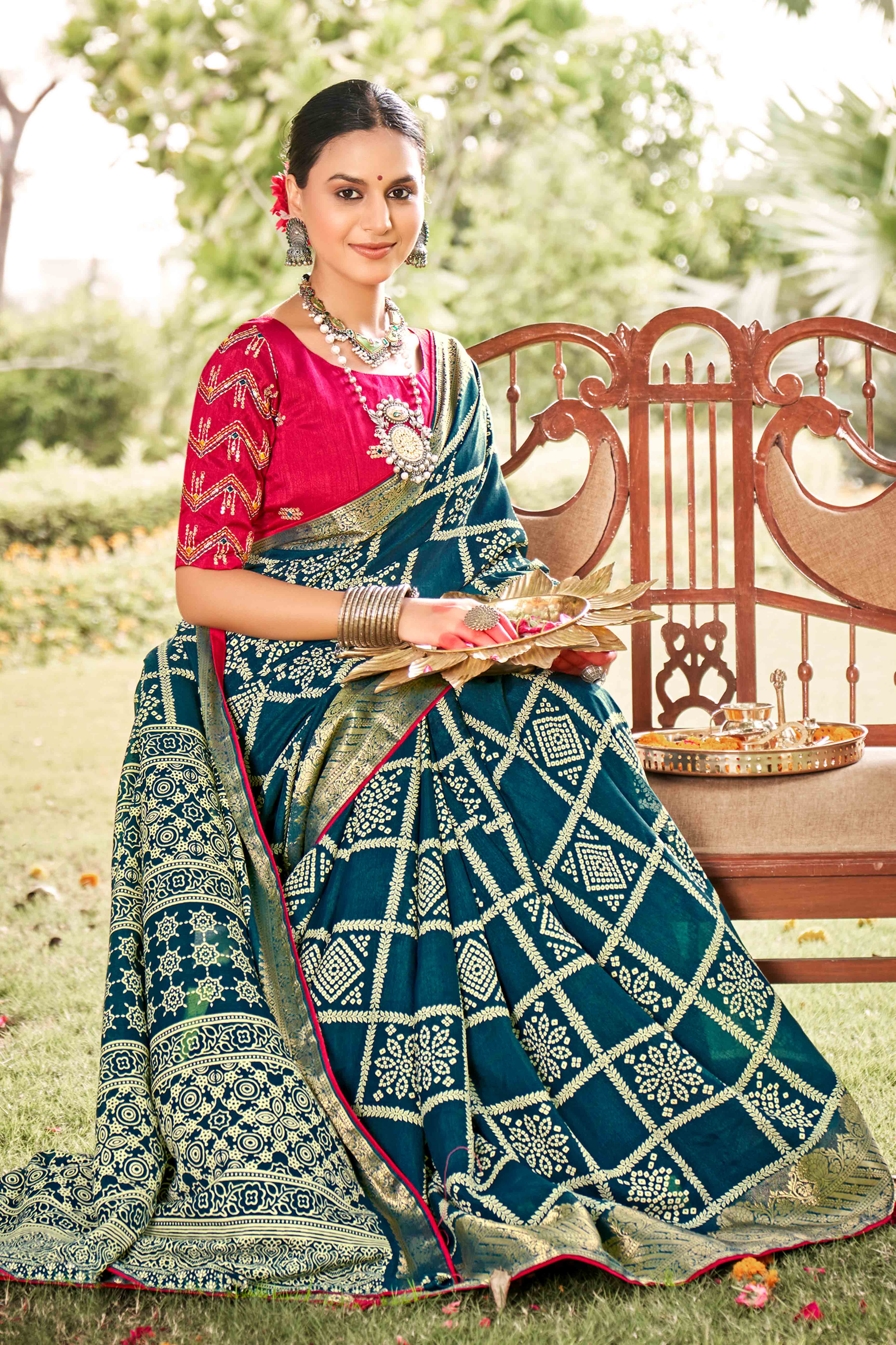 Teal Blue Bandhani Printed Dola Silk Saree With Jacquard Border