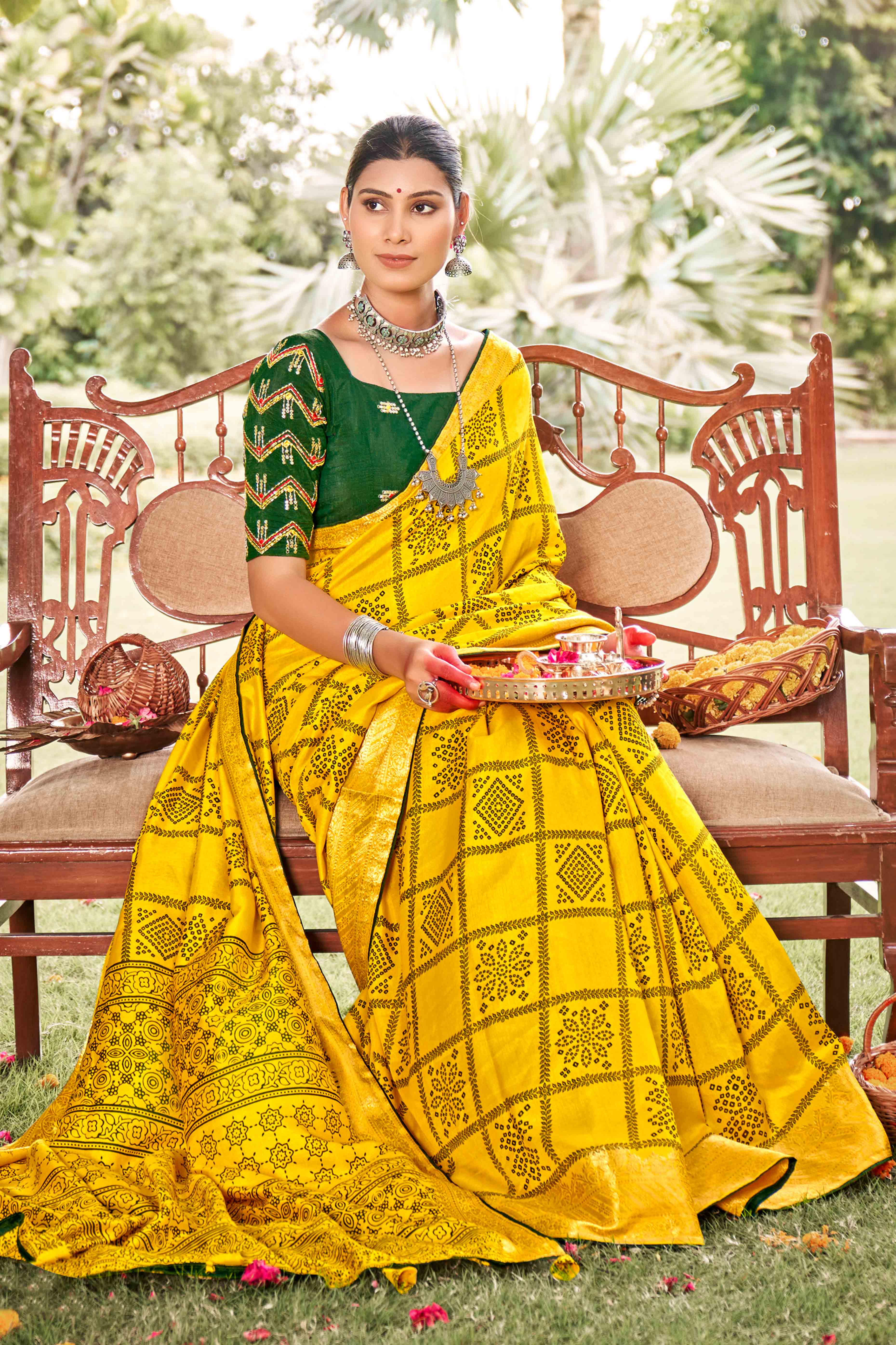 Yellow Bandhani Printed Dola Silk Saree With Jacquard Border