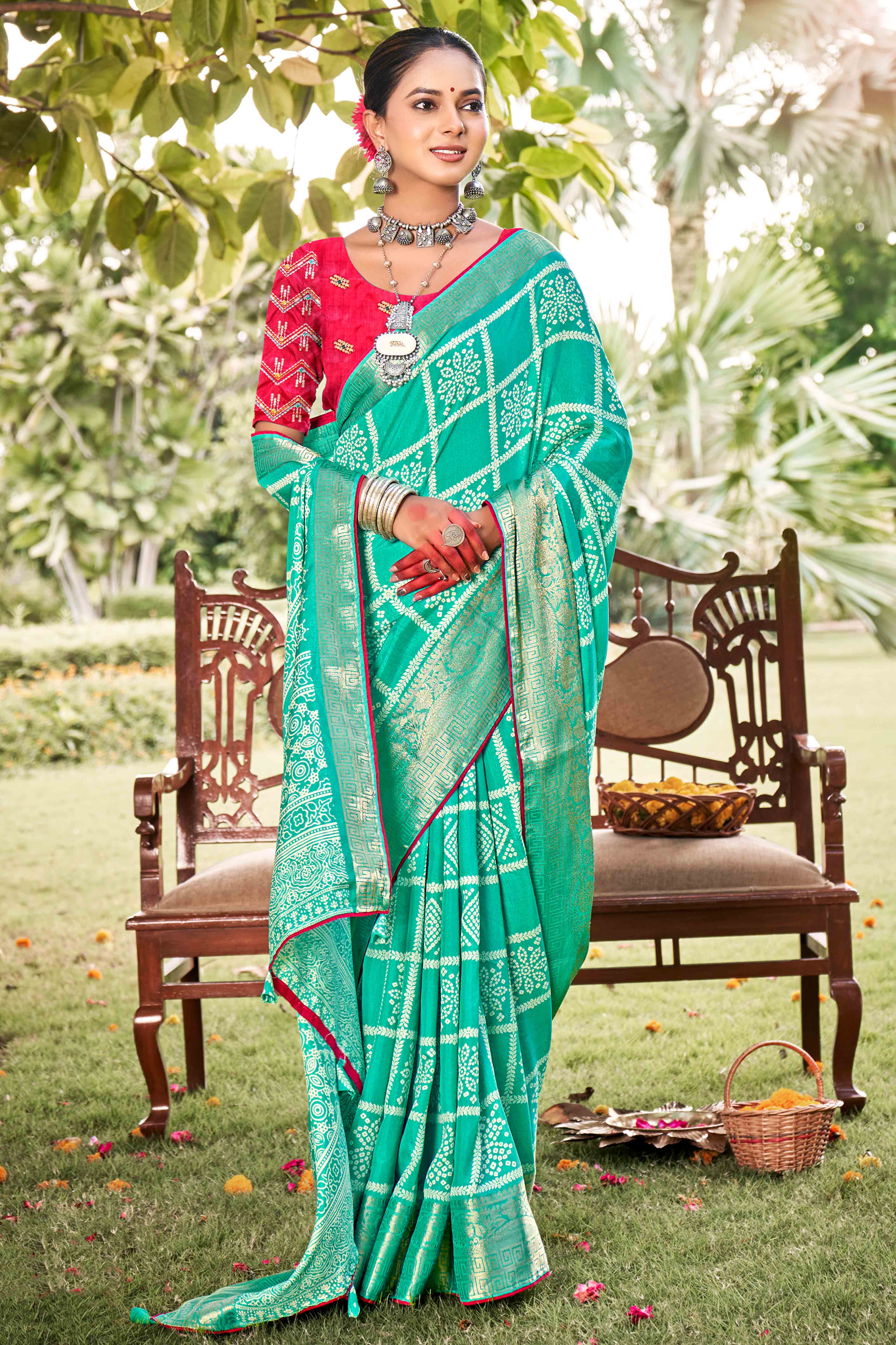 Turquoise Bandhani Printed Dola Silk Saree With Jacquard Border