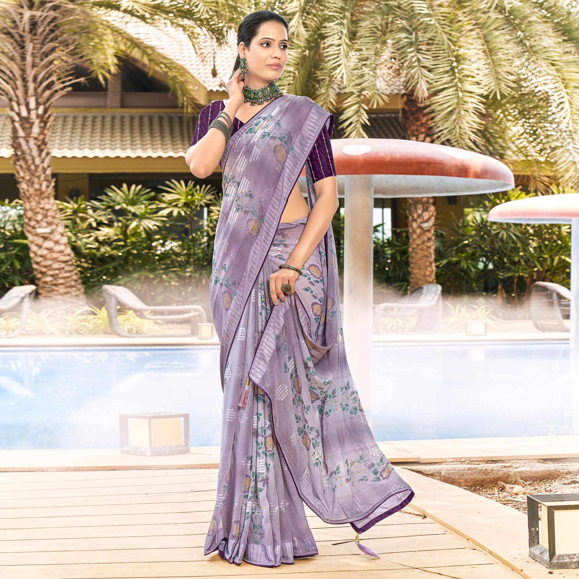 Dusty Violet Printed Georgette Saree With Swarovski Work