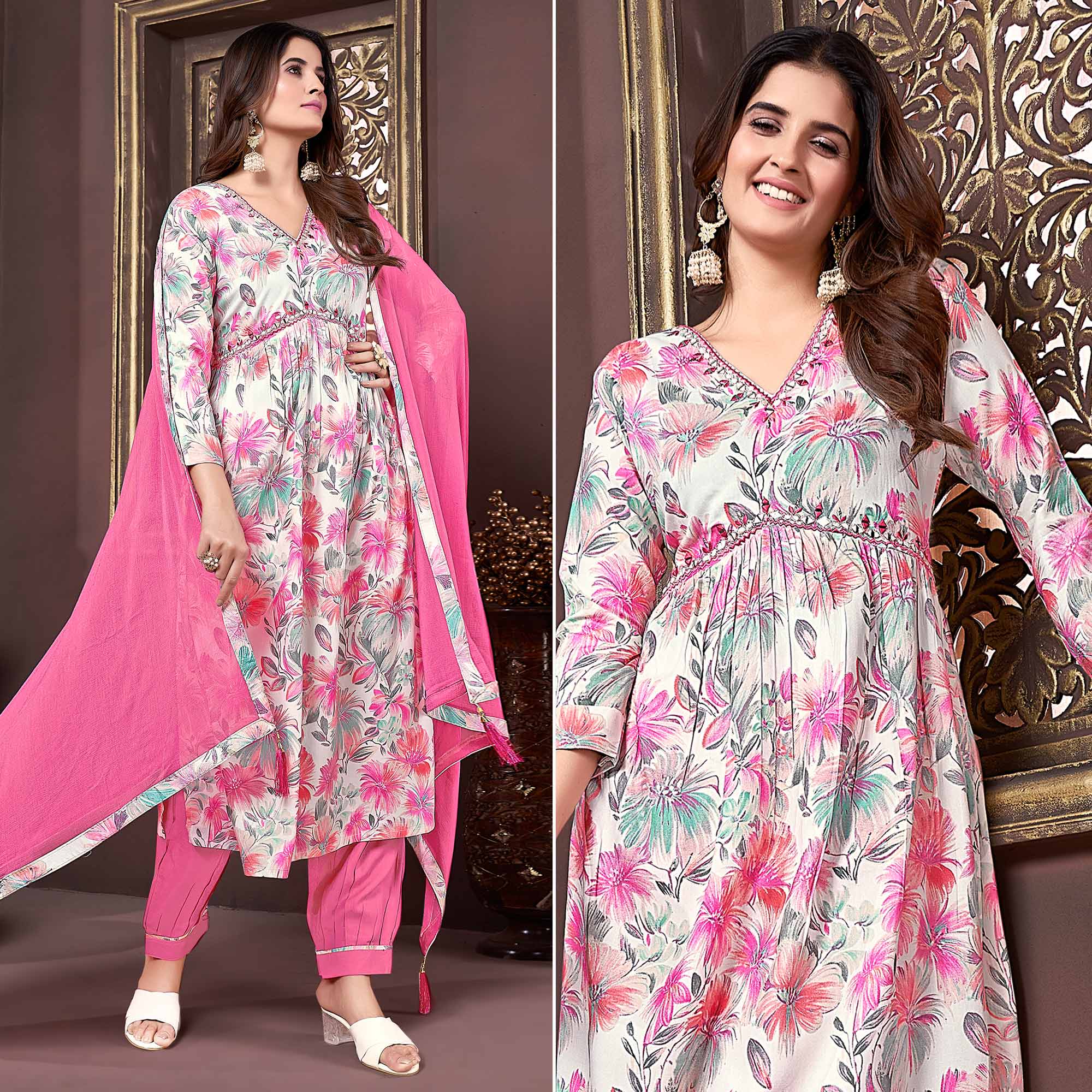 Off White & Pink Floral Printed Rayon Alia Cut Salwar Suit