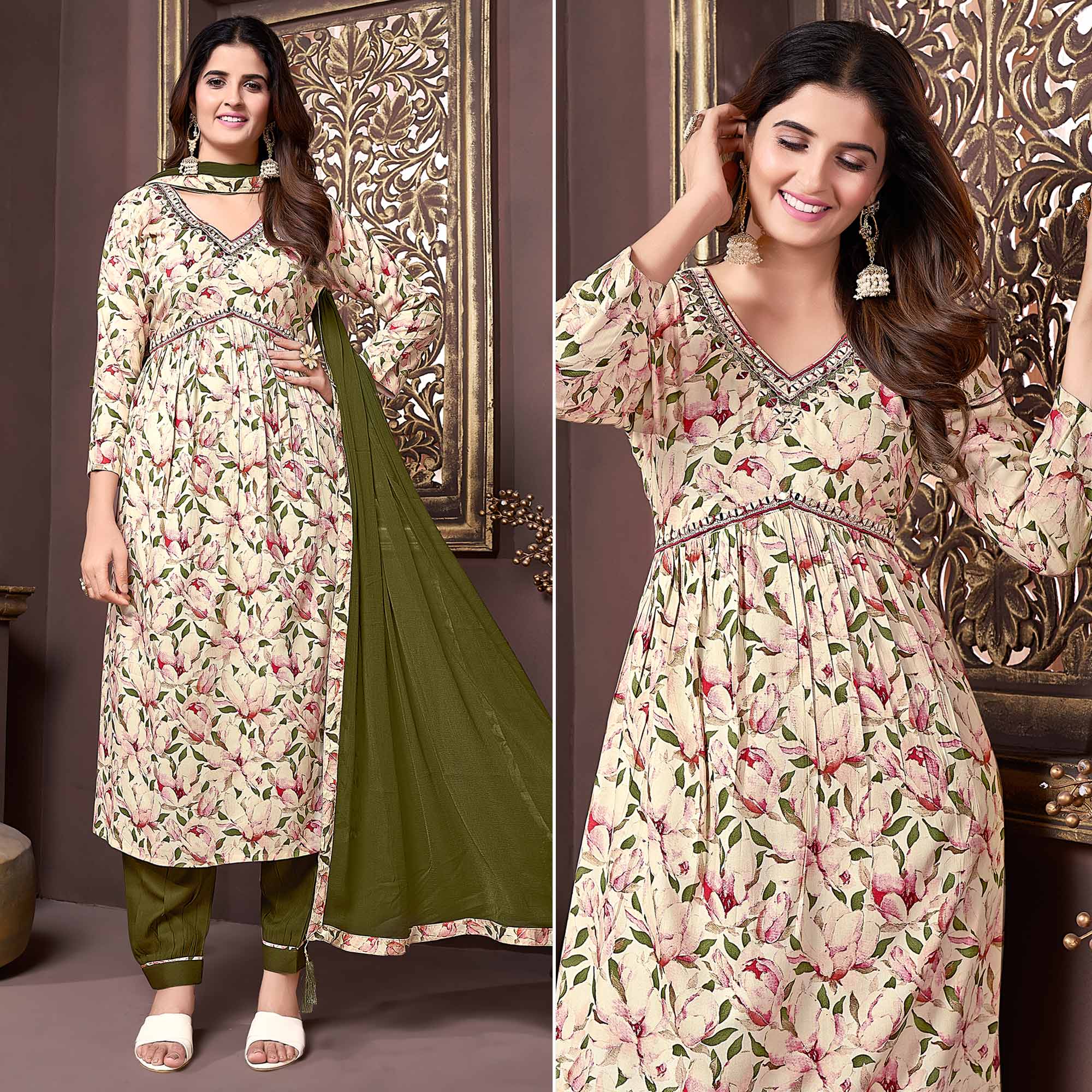 Beige & Green Floral Printed Rayon Alia Cut Salwar Suit