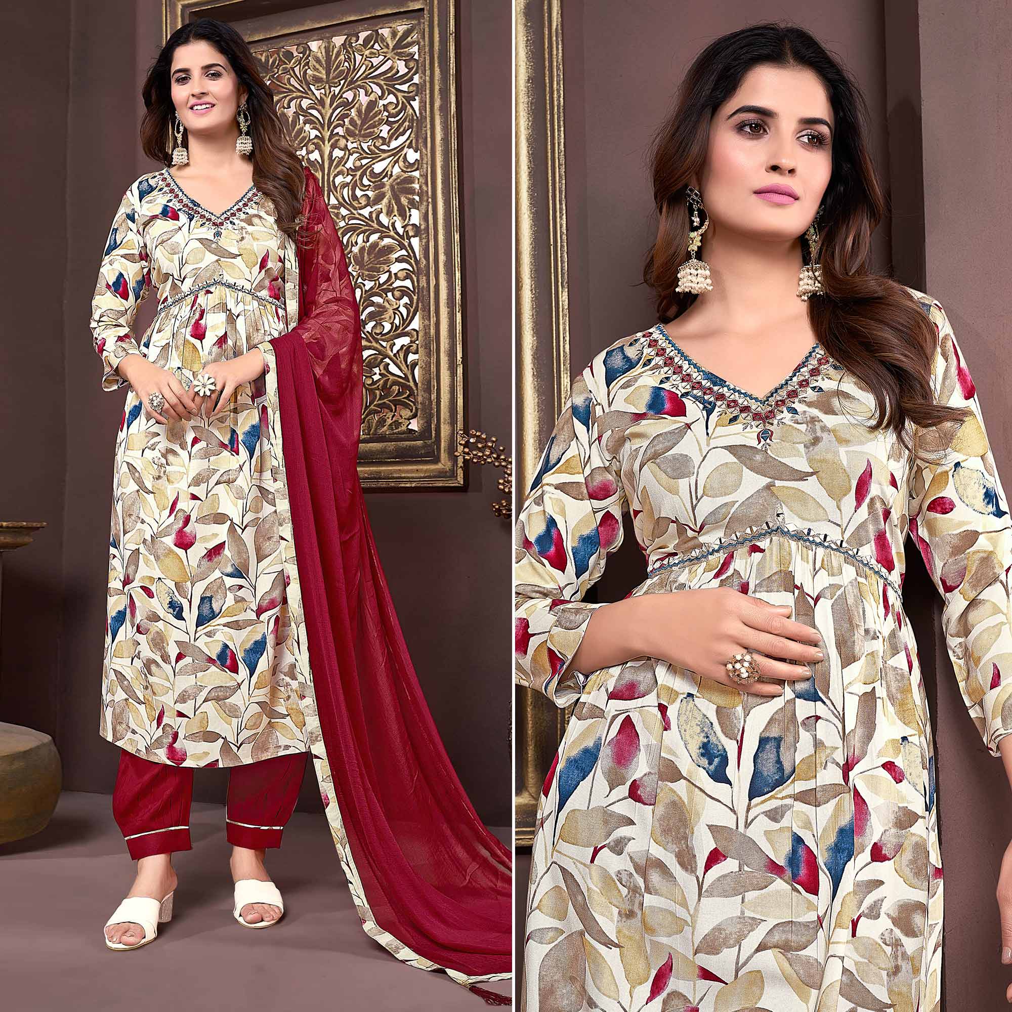Beige & Maroon Floral Printed Rayon Alia Cut Salwar Suit